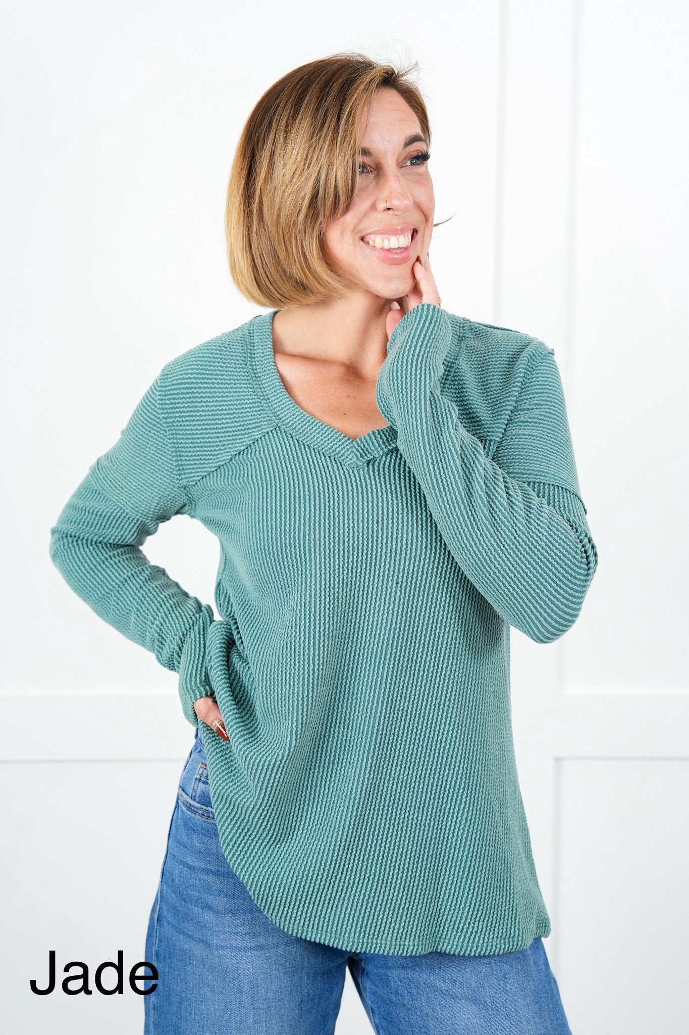Plus/Reg Urban Ribbed Long Sleeve V-Neck Top