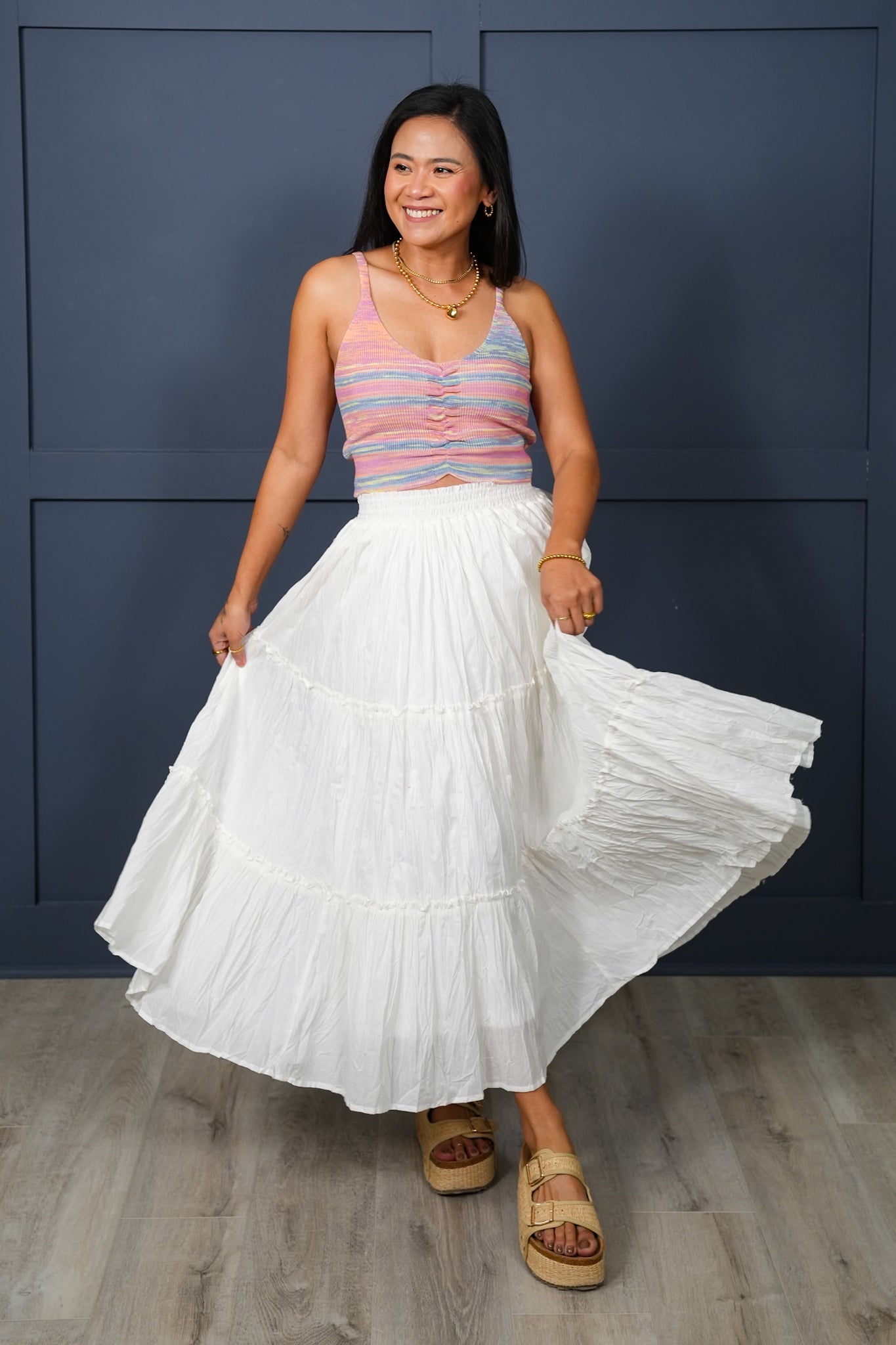 White Crinkle Elastic Waist Tiered Midi Skirt with Side Pockets