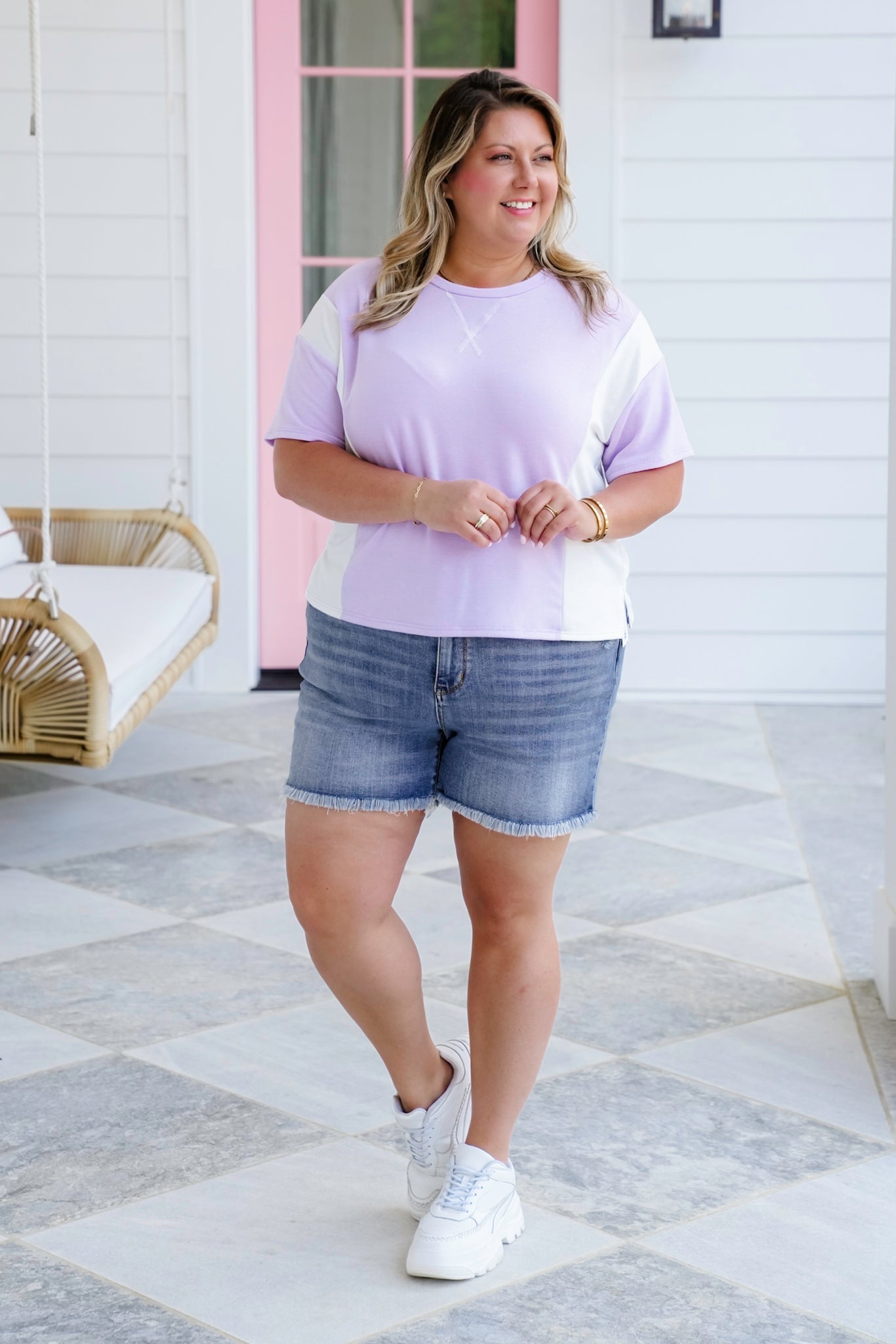 Plus/Reg Color Block Short Sleeve Round Neck Top With Side Slit