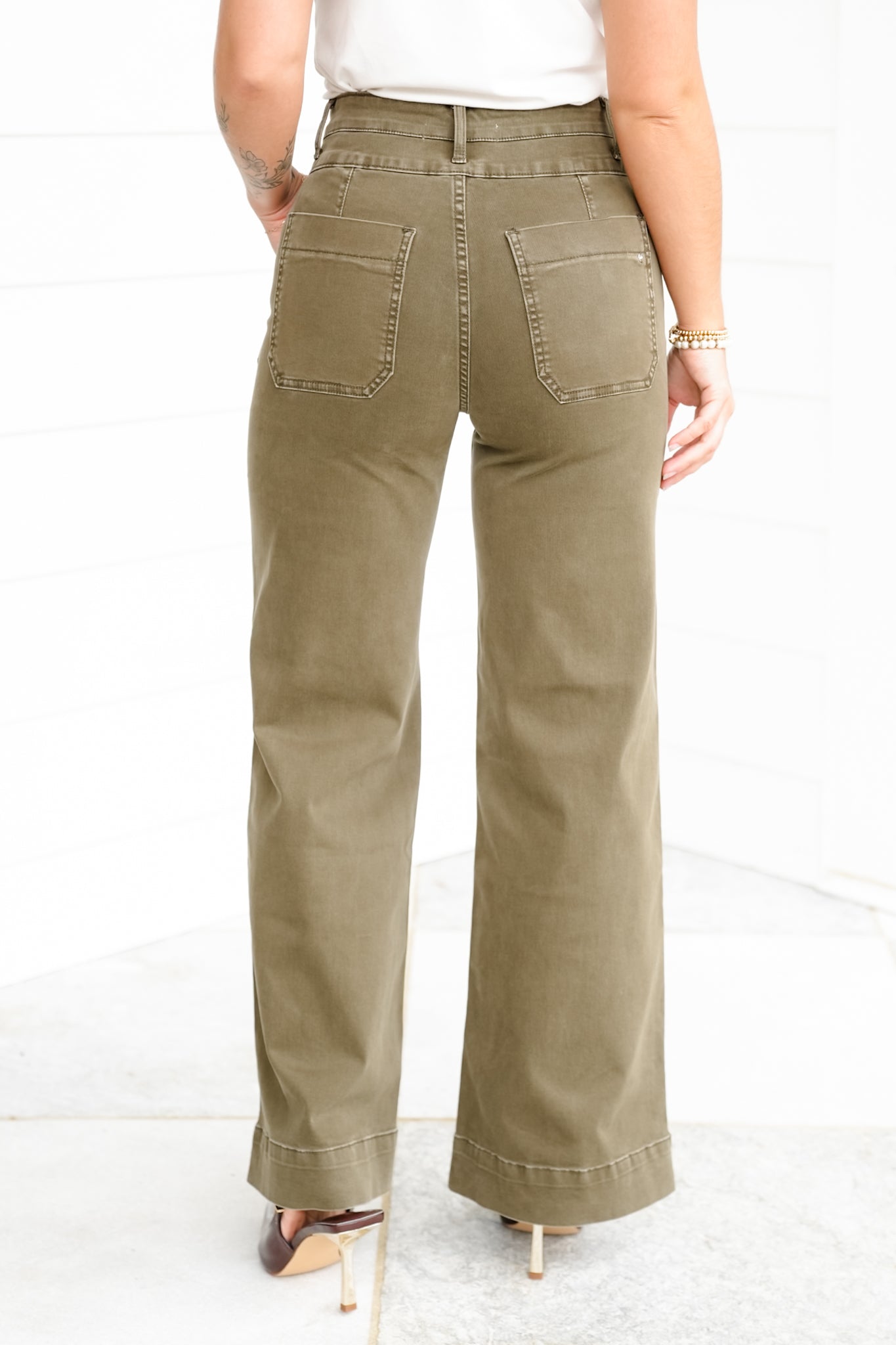 Mica High Rise Green Double Waistband Wide Leg Jeans