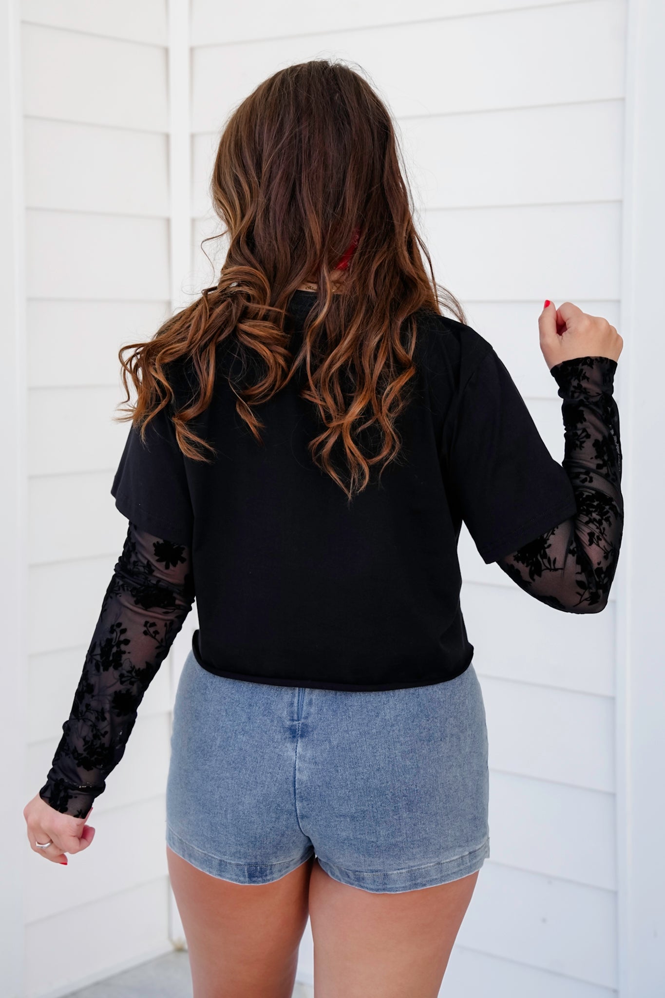 Long Burnout Sleeve Layered Crop Top with Embroidered Western Theme Detail