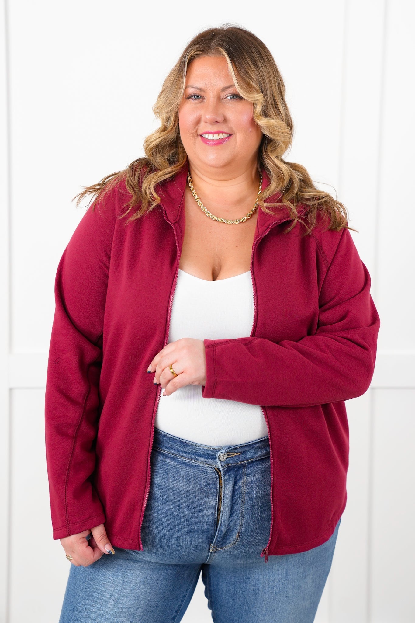 Burgundy Long Sleeve Mock Neck Zip Up Top with Side Pockets