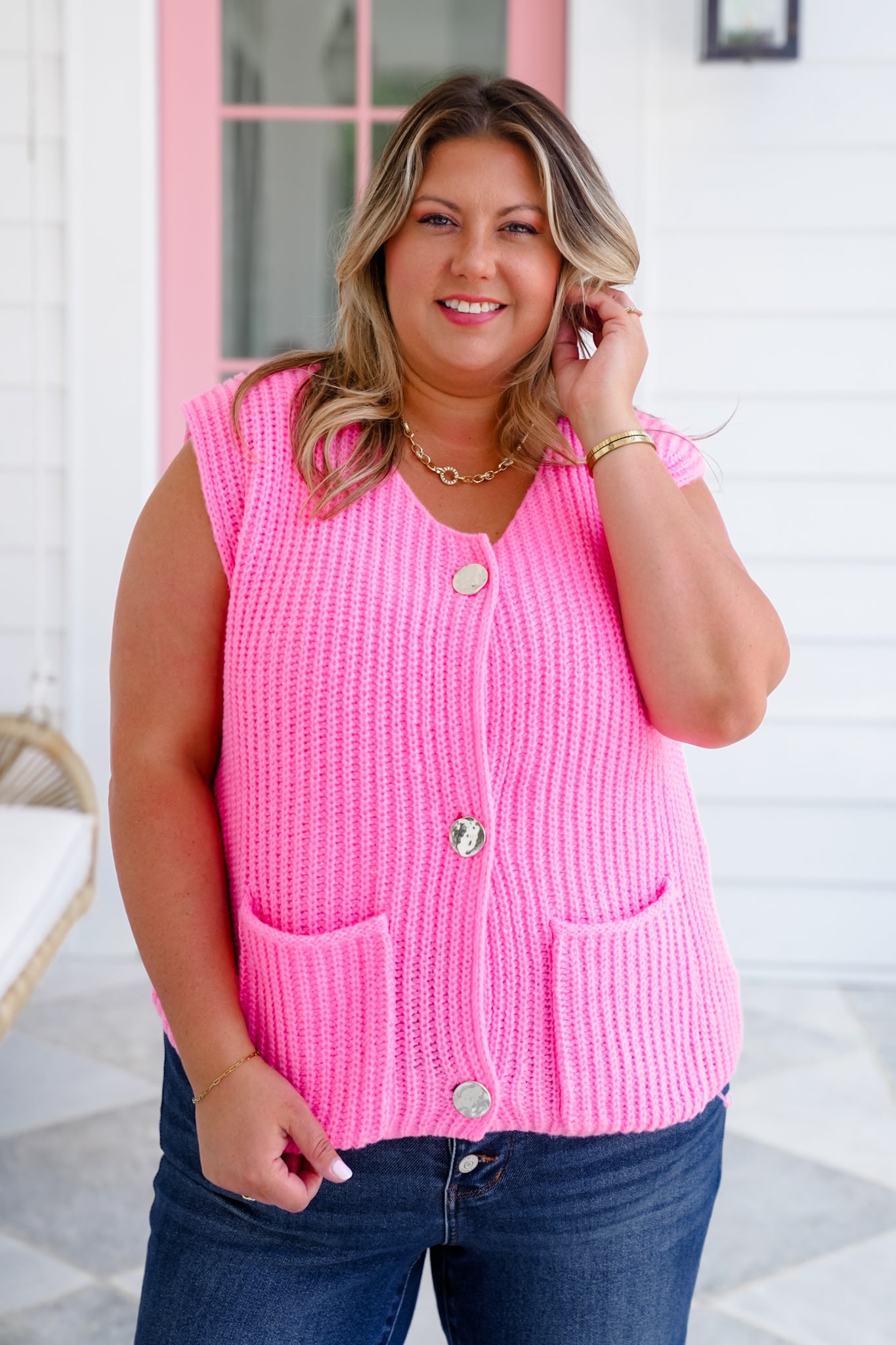 Pink Button Down Knit Sweater Vest with Patch Pockets