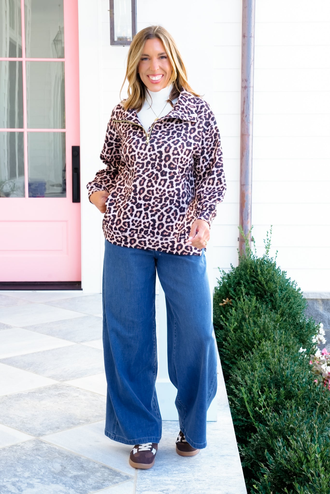 Plus/Reg Leopard Print Long Sleeve 1/4 Zip Pullover Top