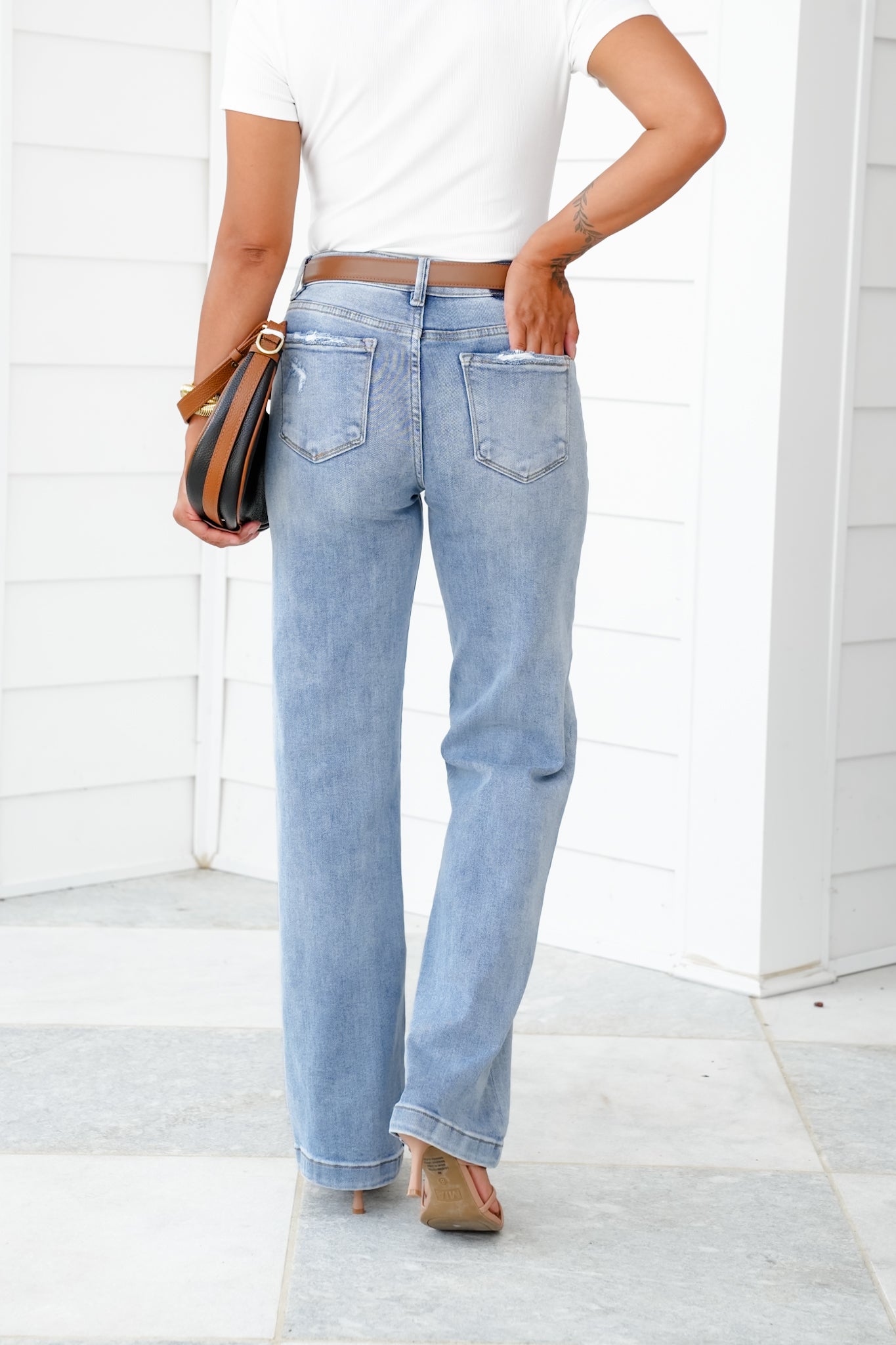 Risen Mid Rise Light Wash Tummy Control Elastic Waistband Wide Leg Jeans