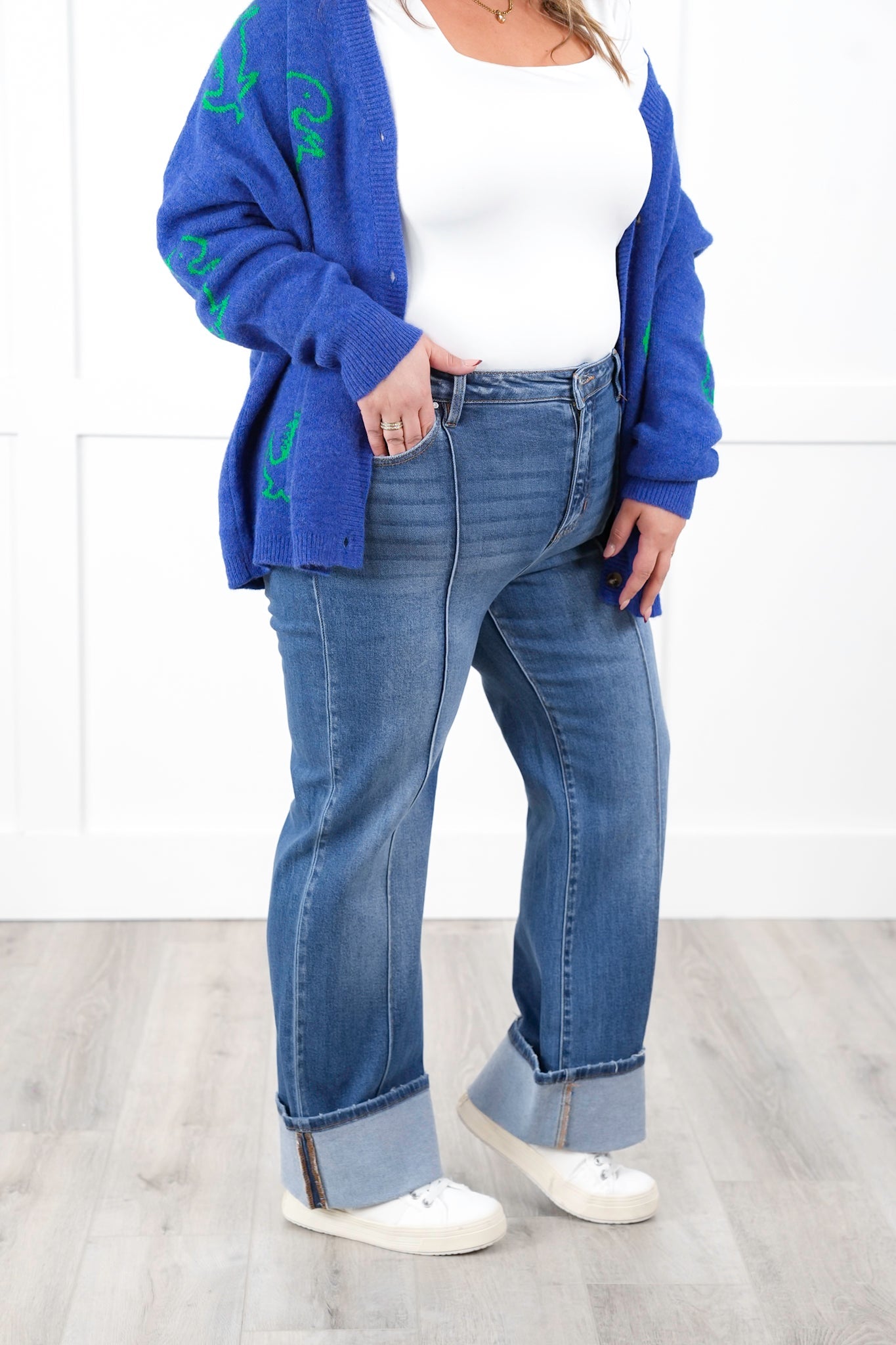 Risen High Rise Medium Wash Wide Leg Straight Cuffed Ankle Jeans