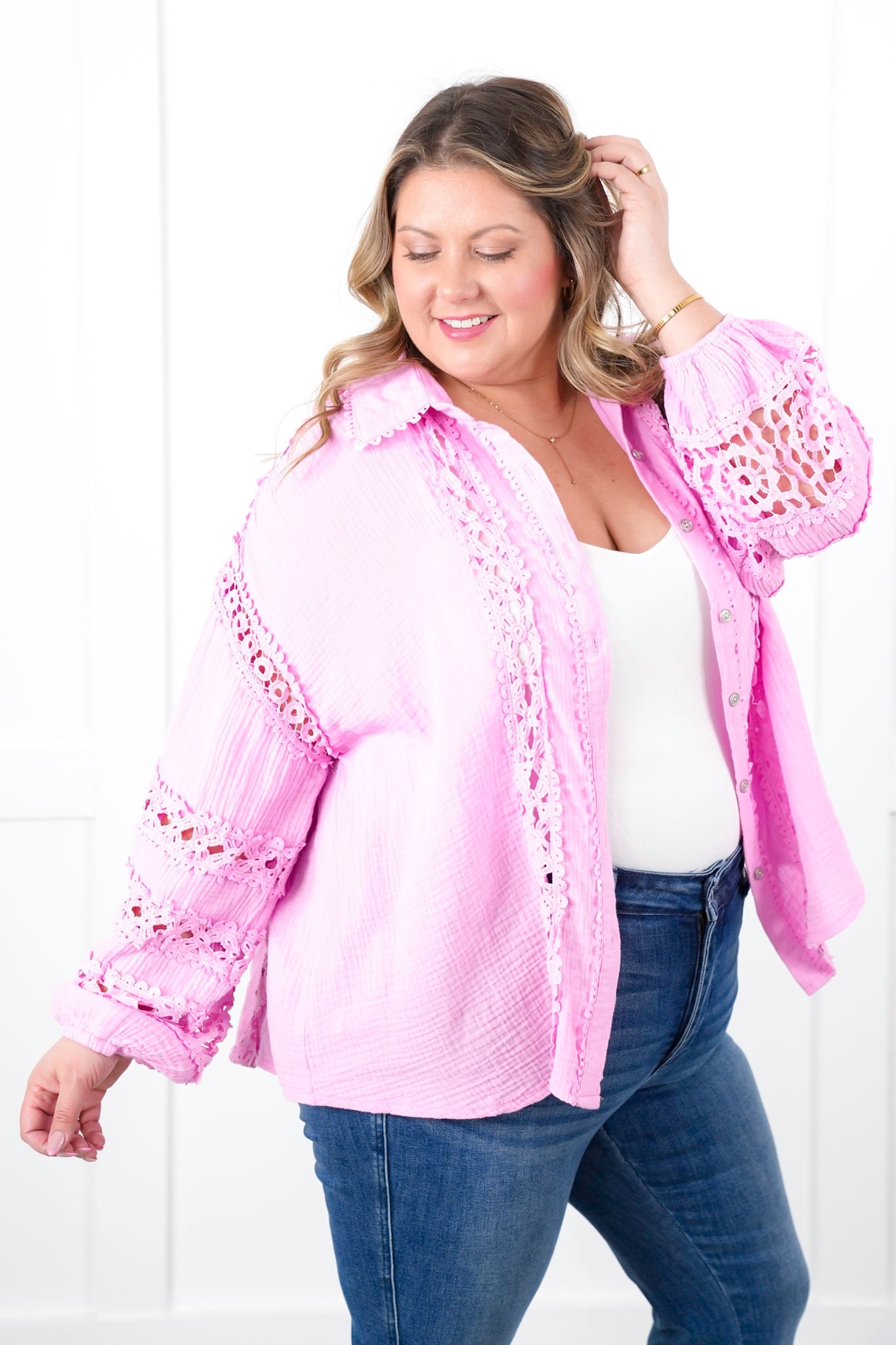 Restock! POL Gauze Long Sleeve Button Down Top with Lace Detail