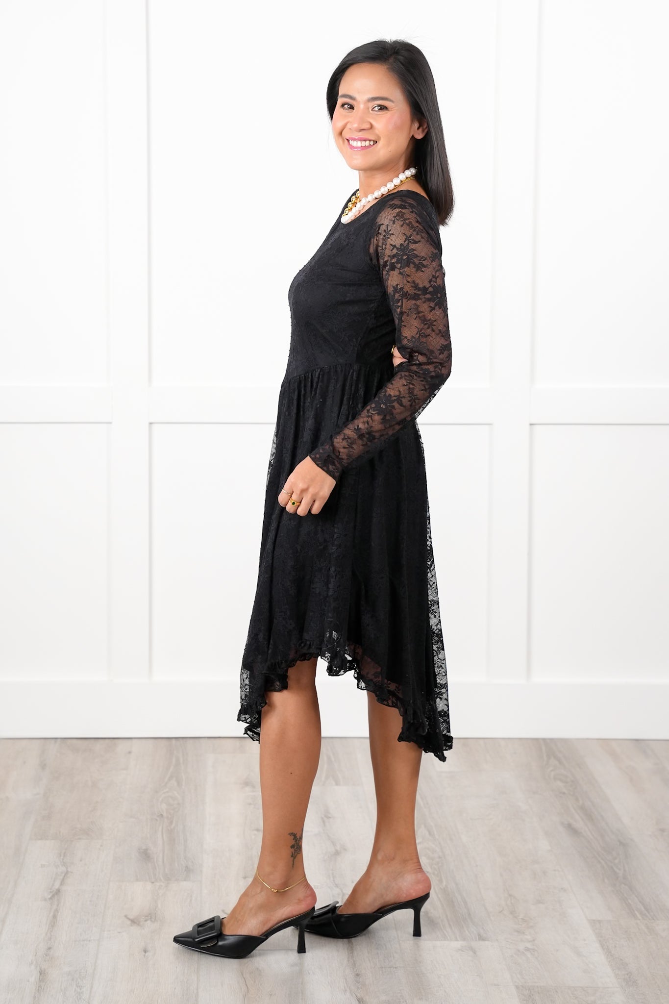 Black Lace Long Sleeve Layered Midi Dress