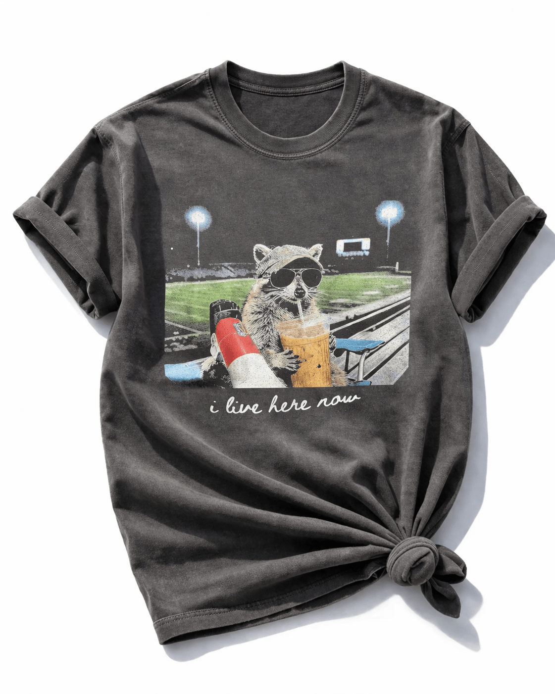 Plus/Reg Short Sleeve "I Live Here Now Raccoon" Football Graphic Tee - Freckled Poppy