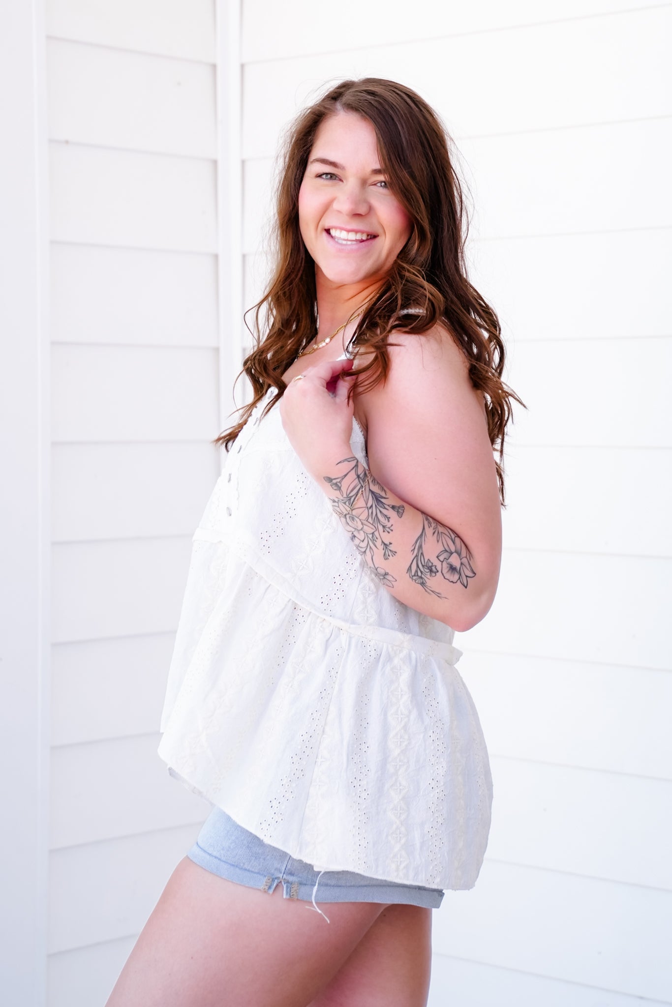 POL Sleeveless Embroidered Button Up Top