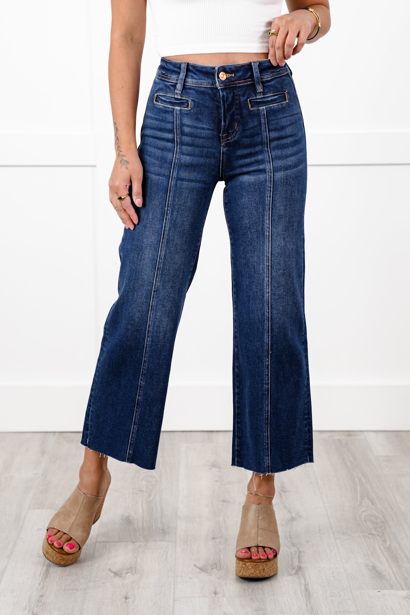 Bayeas High Rise Dark Wash Wide Leg Jeans with Raw Hem