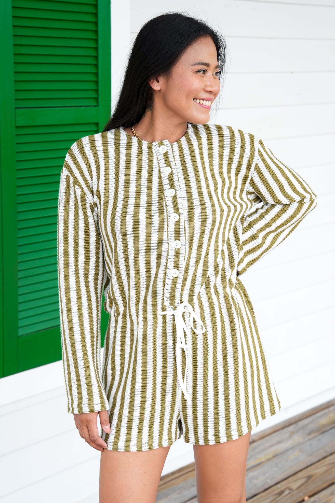 Olive Stripe Long Sleeve Button Up Knit Romper