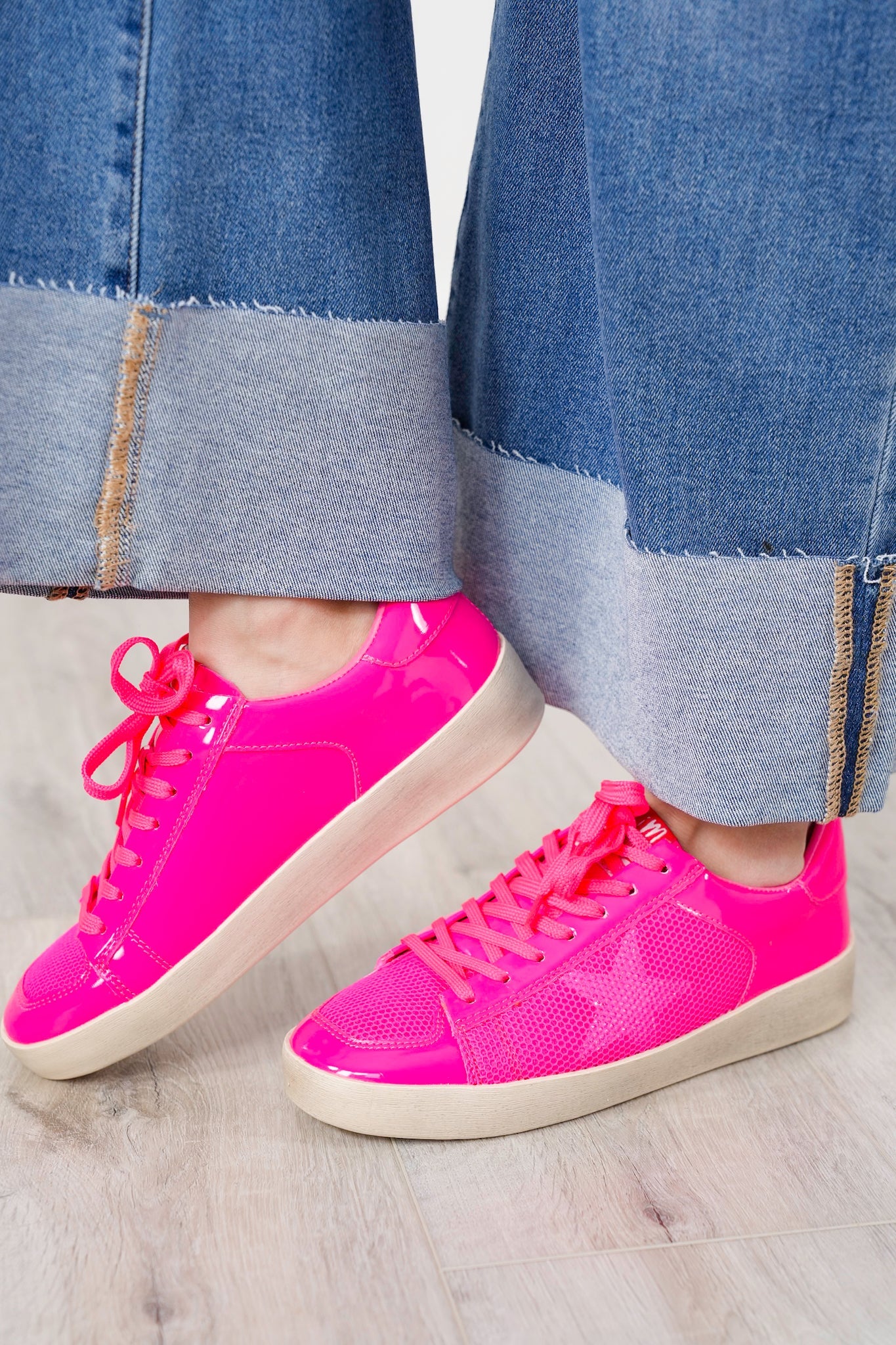 Patent Finish Low Top Sneaker with Mesh Panel Accents