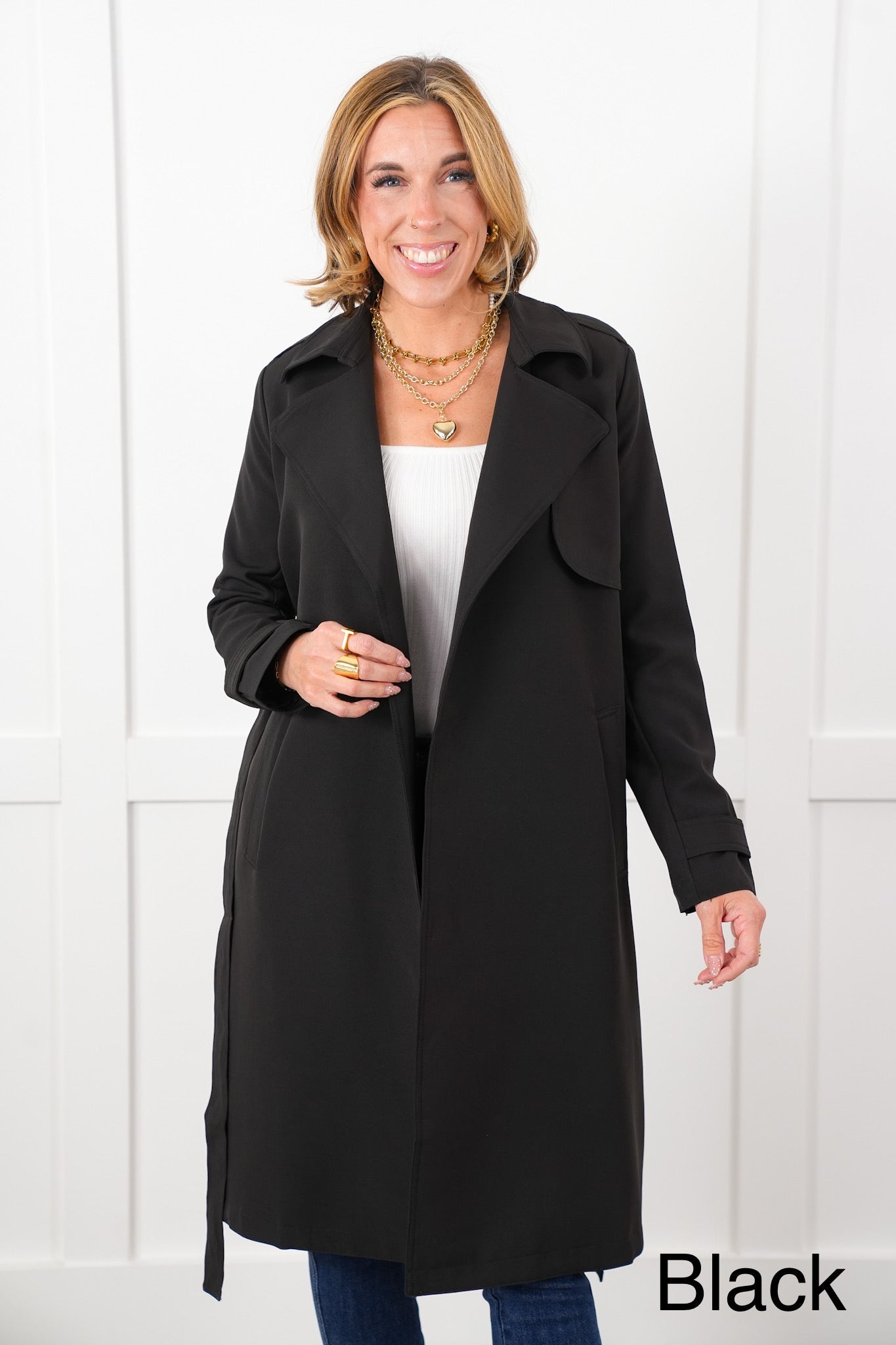 Long Sleeve Open Front Belted Trench Coat
