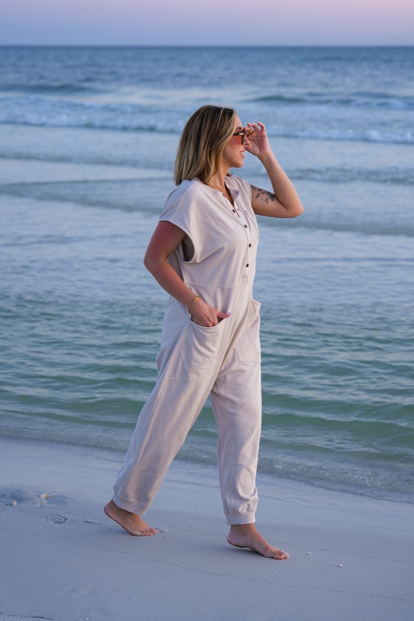 Plus/Reg Taupe Short Sleeve Button Up Knit Jumpsuit with Front Pockets