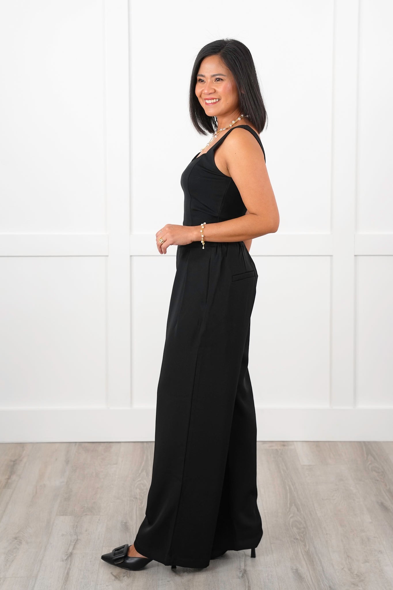 Black Twill Pleated Cross Over Waist Palazzo Pants