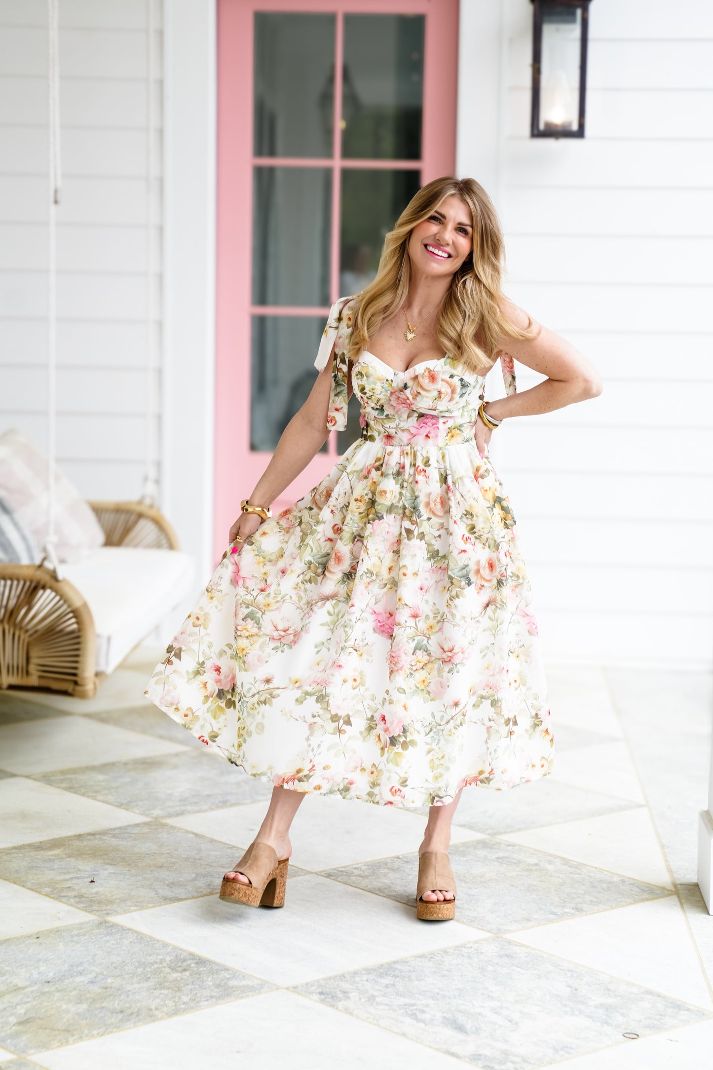 Floral Print Sleeveless Midi Dress with Shoulder Tie