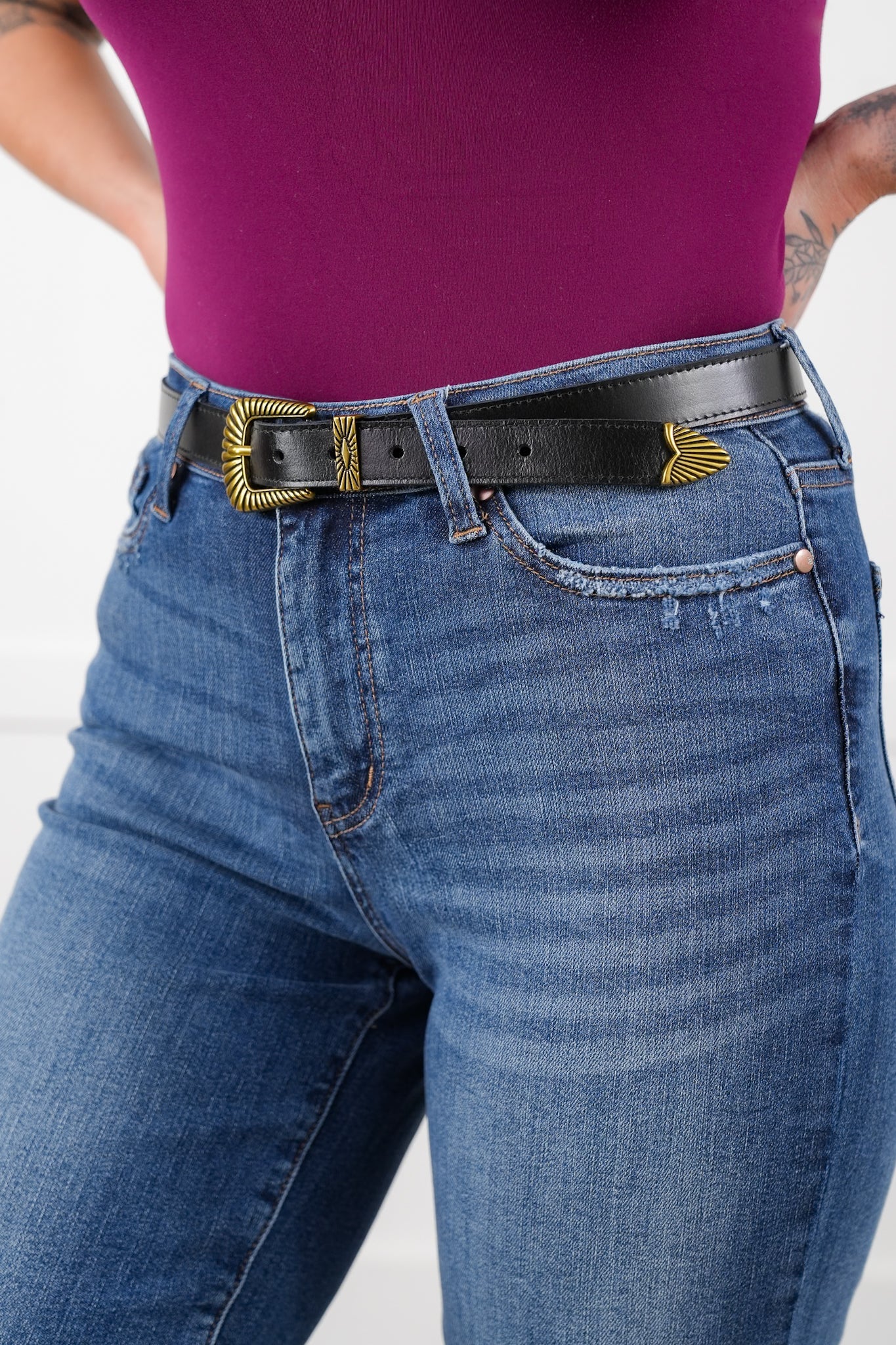 Black Leather Bohemian Brass Buckle Belt