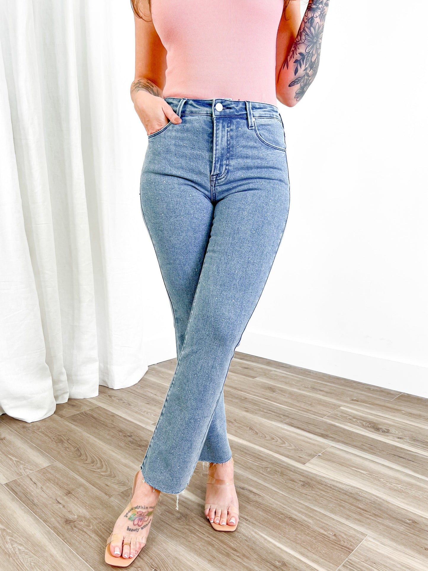 Risen Medium Wash High Rise Slim Straight Jeans With Rhinestones