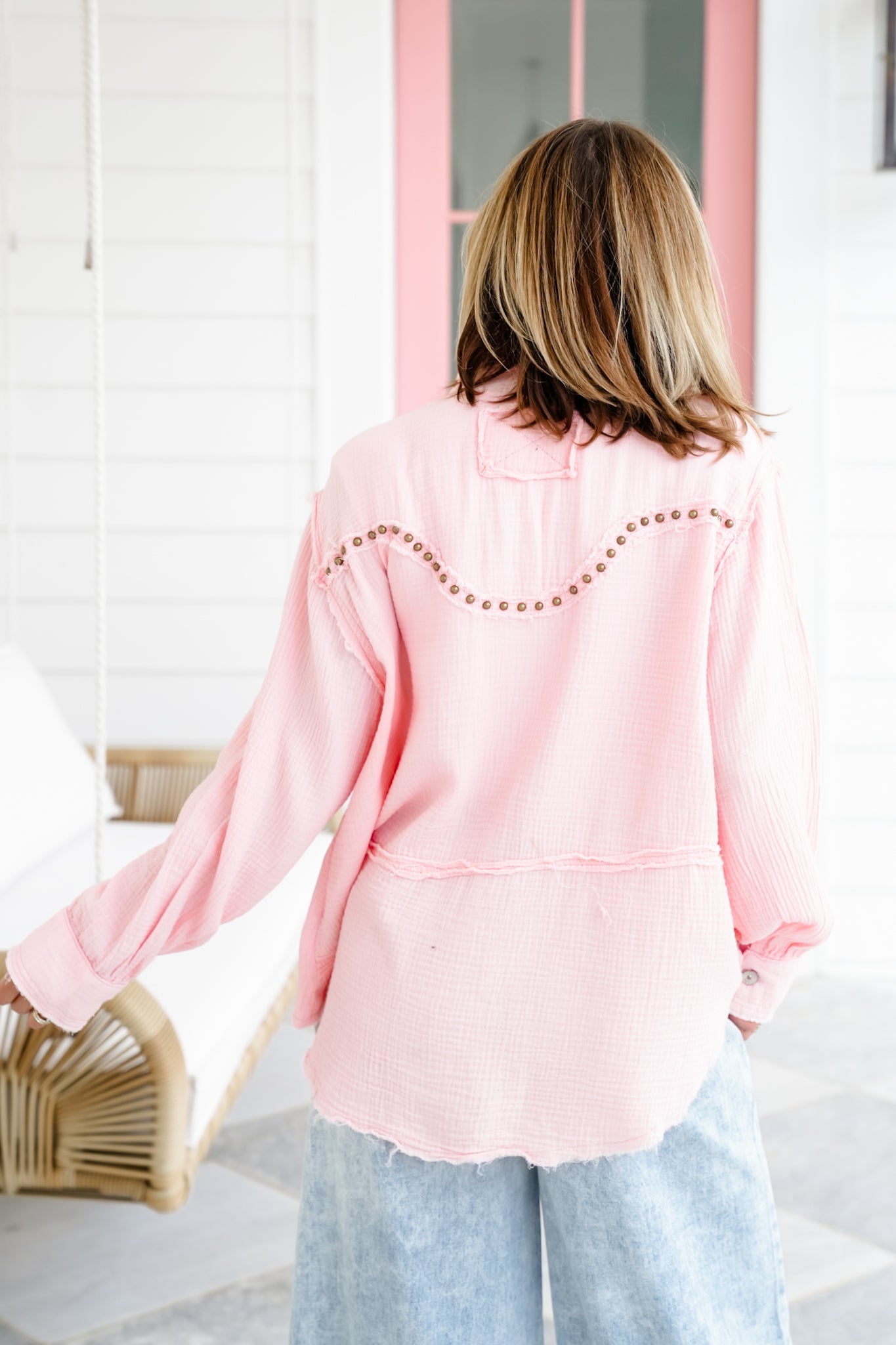 POL Gauze Long Sleeve Button Down Shacket with Stud Detail - More Colors!