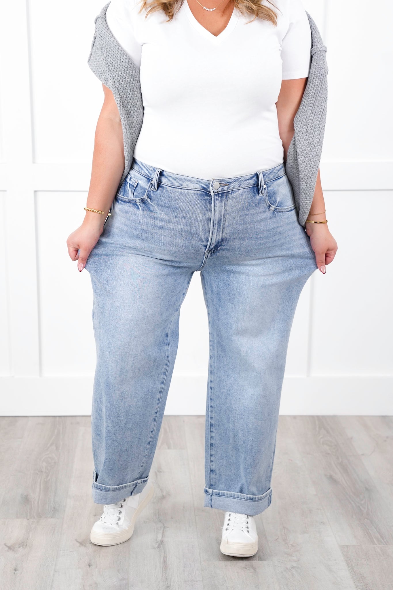 Risen High Rise Light Wash Ankle Barrel Jeans with Cuff