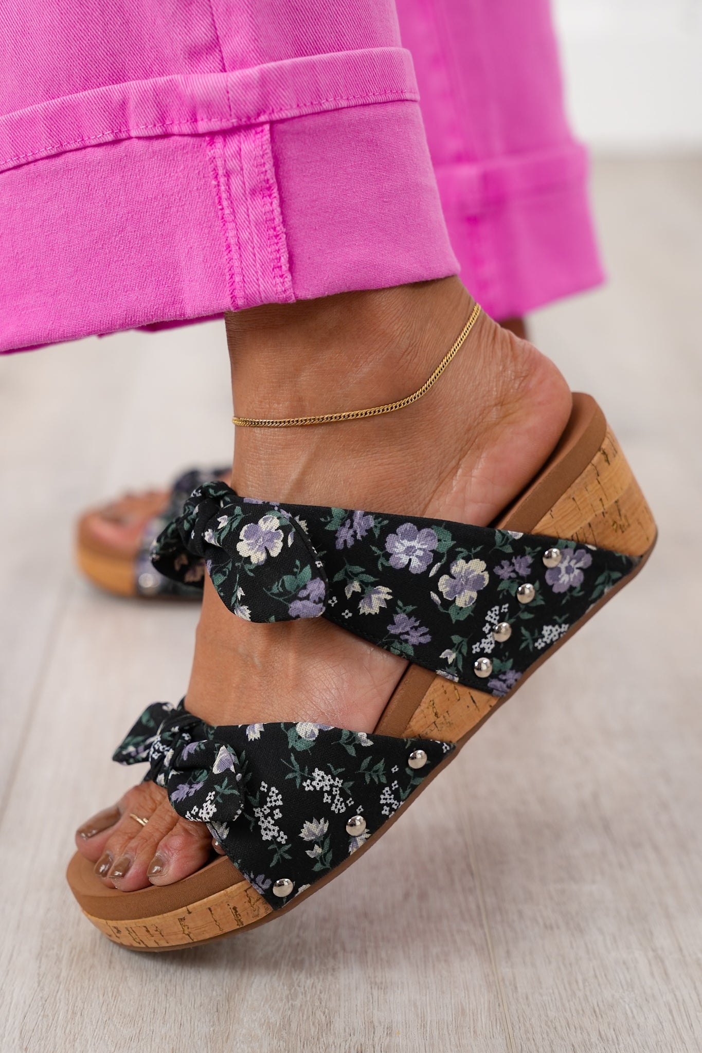 Corky's "Sittin Pretty" Black Floral Cork Wedge Heel with Tied Straps