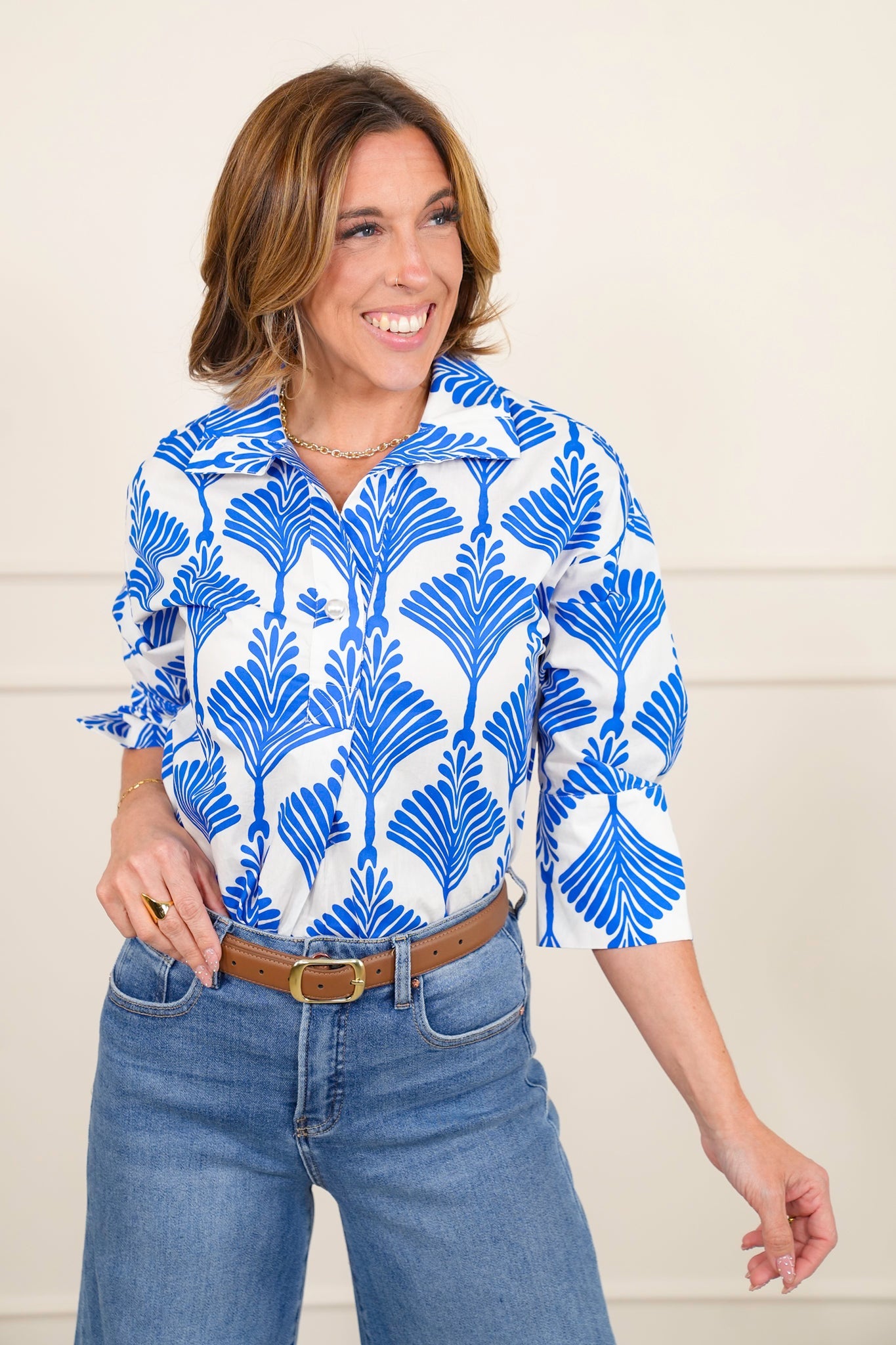 Print 3/4 Sleeve Button Up Wide Collar Top
