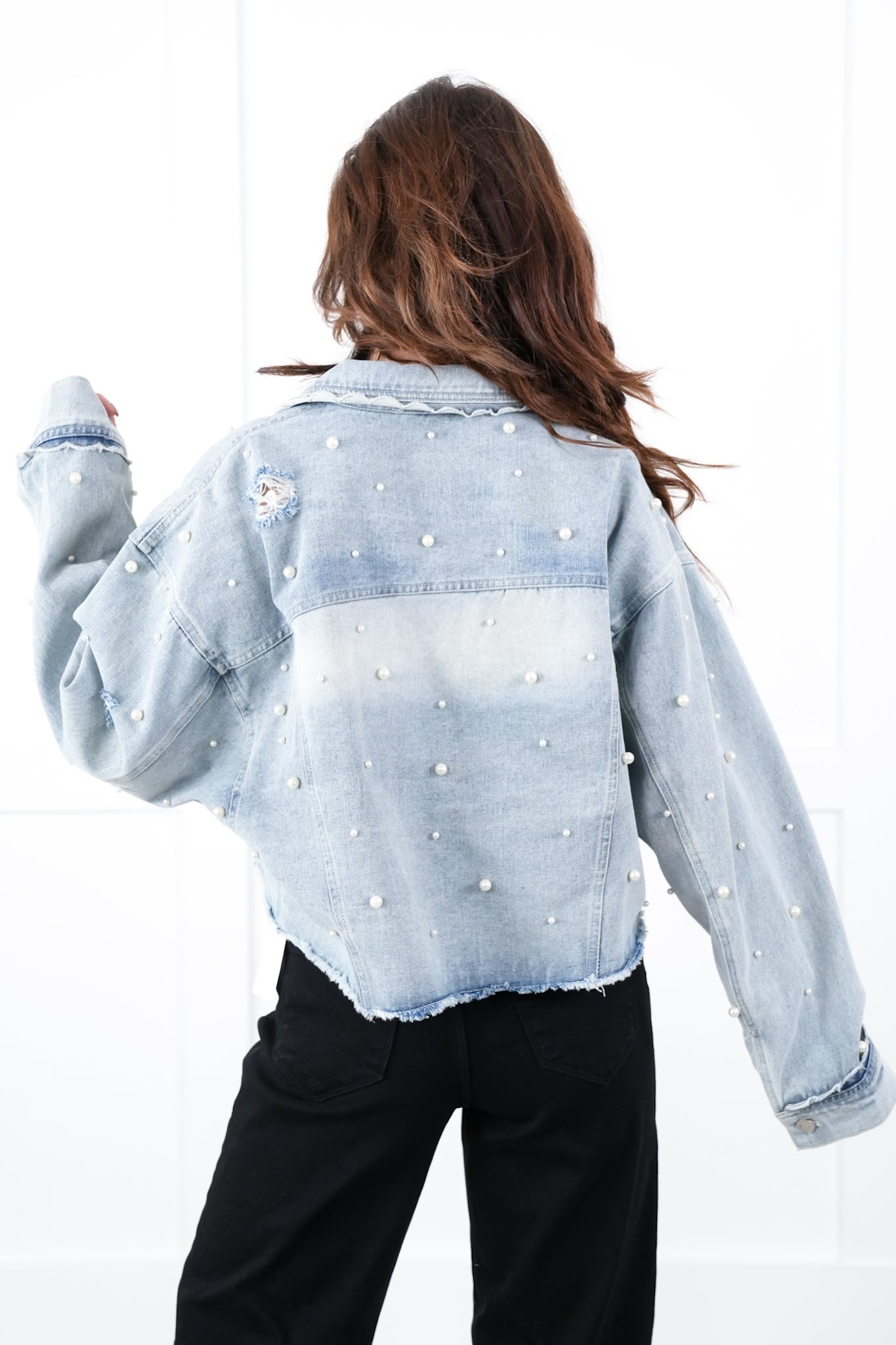 Distressed Light Denim Long Sleeve Button Down Jacket with Pearl Detail