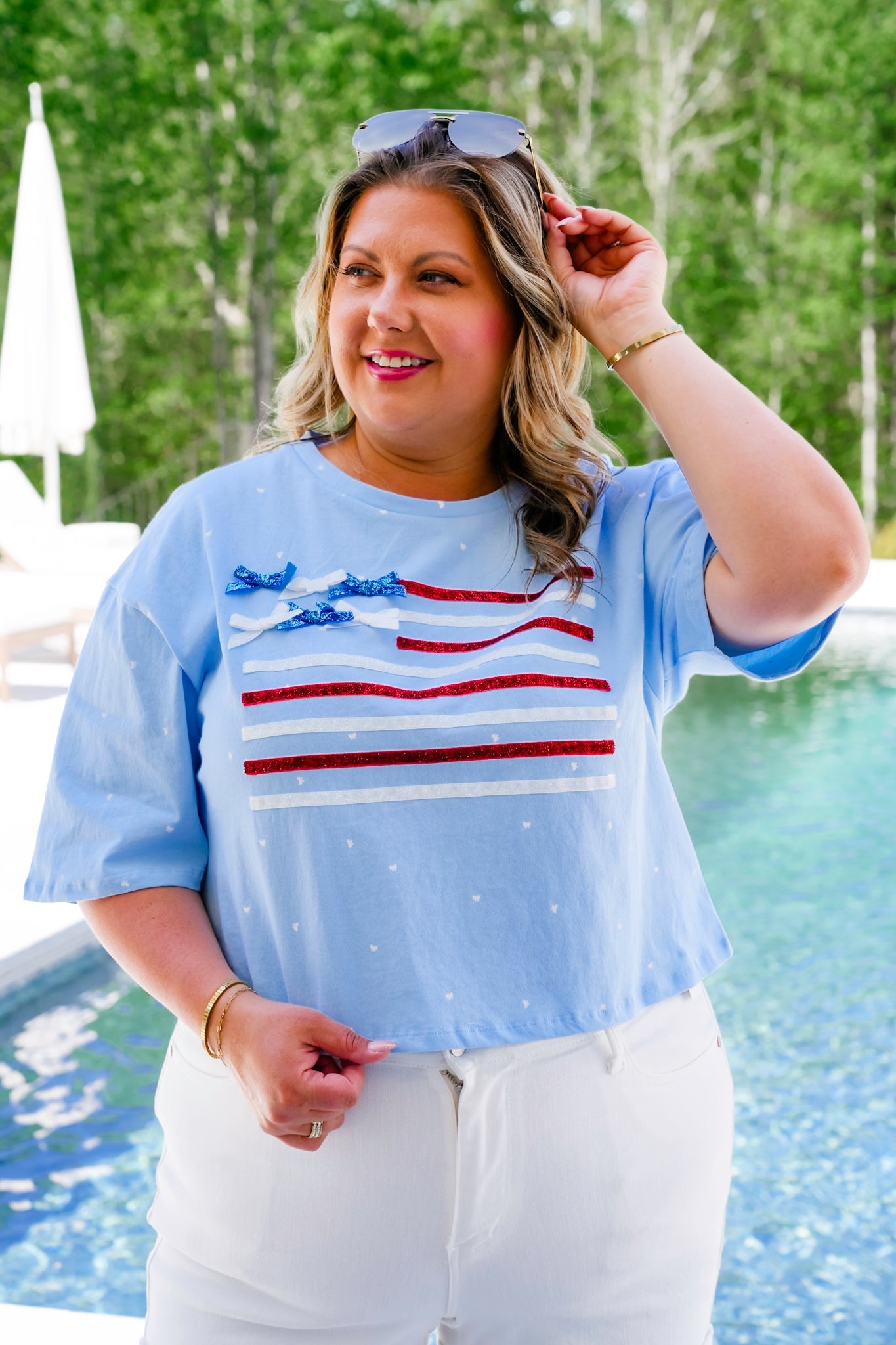 Short Sleeve Ribbon American Flag Top with Bow Detail