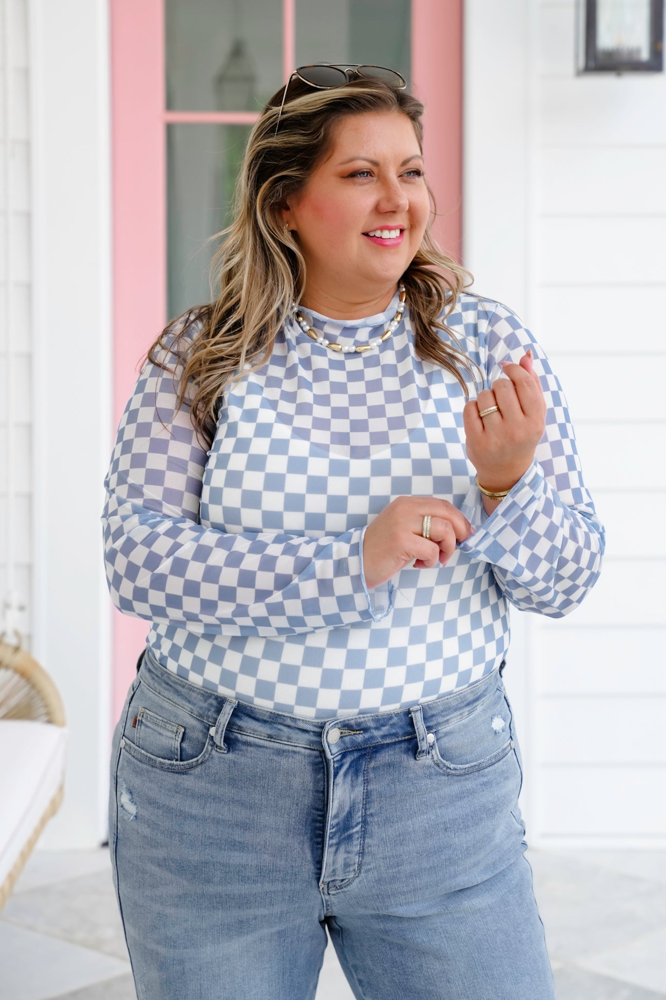 Plus/Reg Checkered Mesh Long Sleeve Mock Neck Top