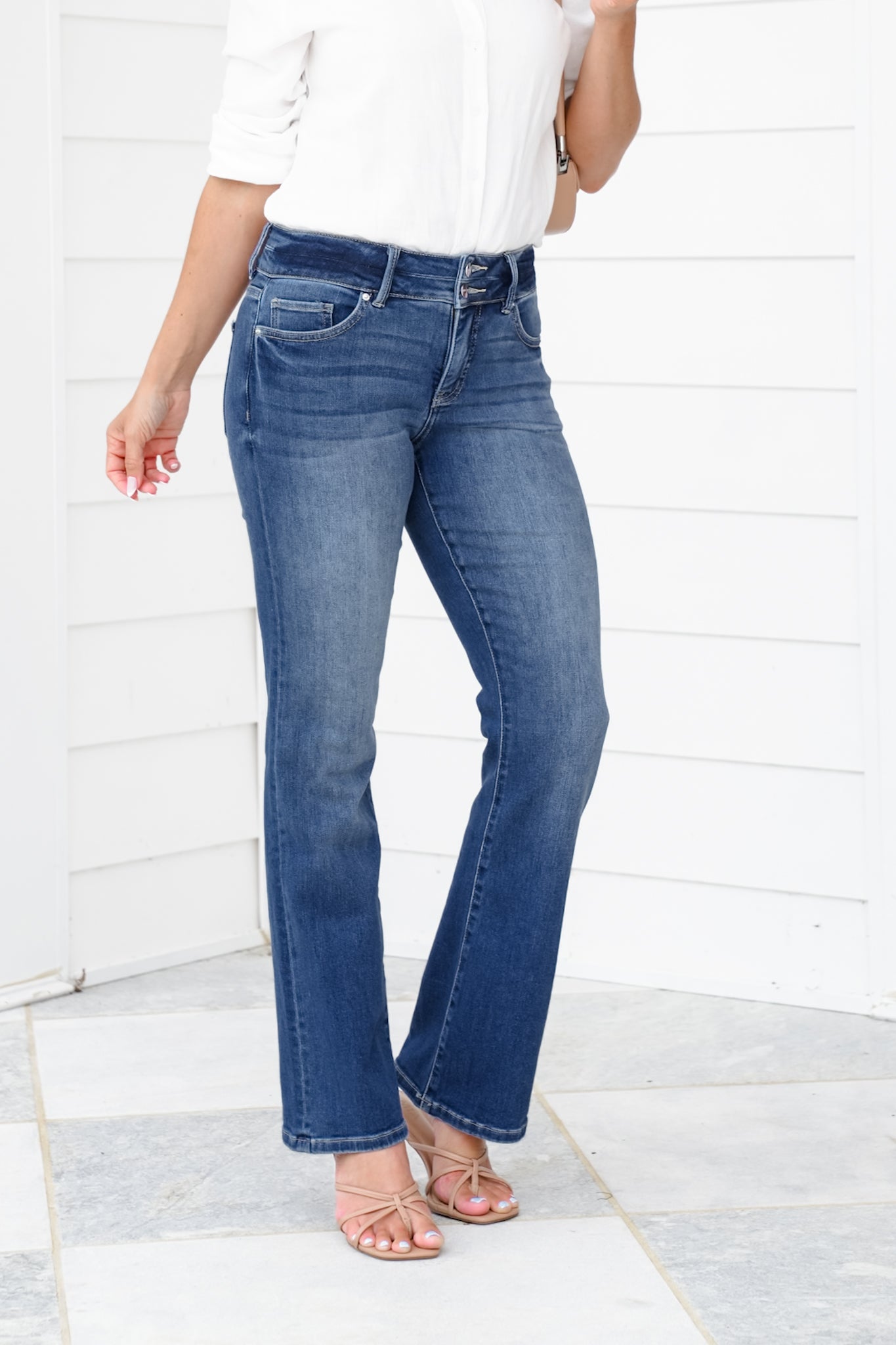 RFM Mid Rise Dark Wash Two Button Bootcut Jeans