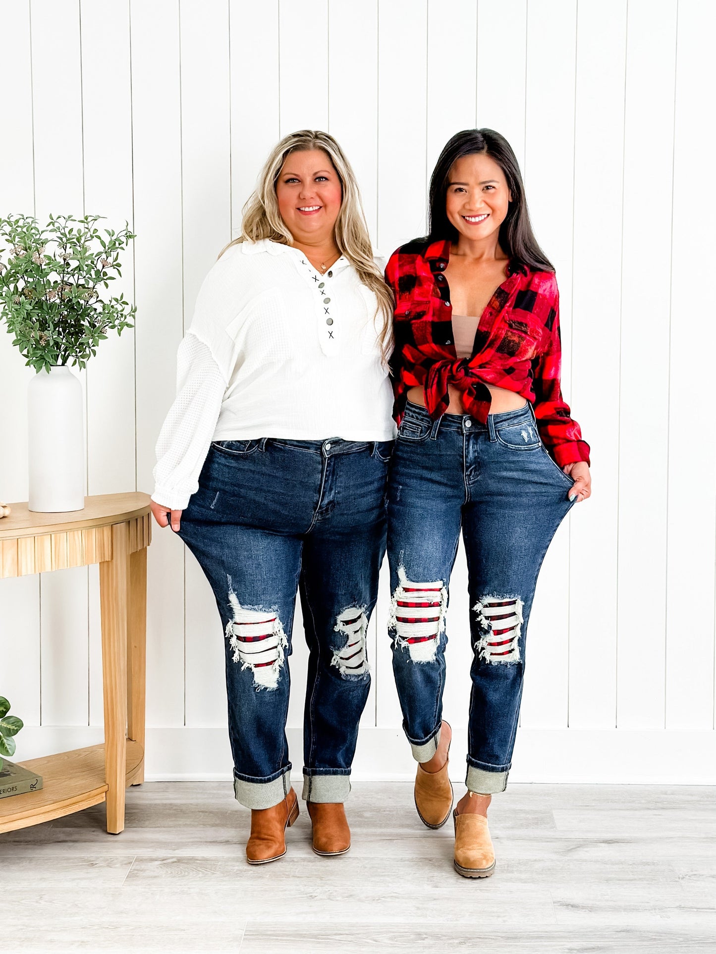 Judy Blue Warm and Cozy Mid Rise Dark Wash Boyfriend Buffalo Plaid Knee Destroy Patches With Cuff Jeans