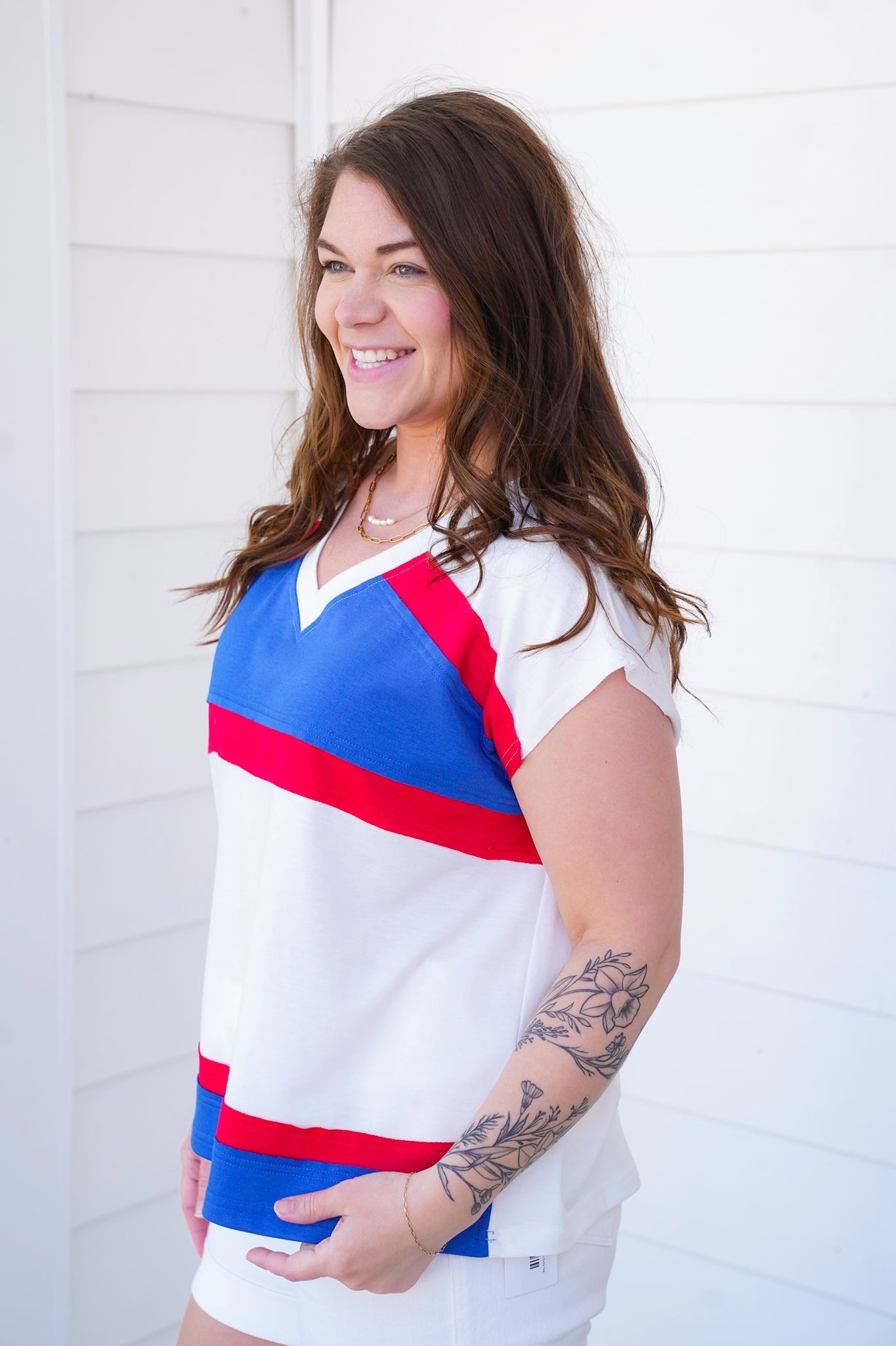 Color Block Short Sleeve V Neck French Terry Top