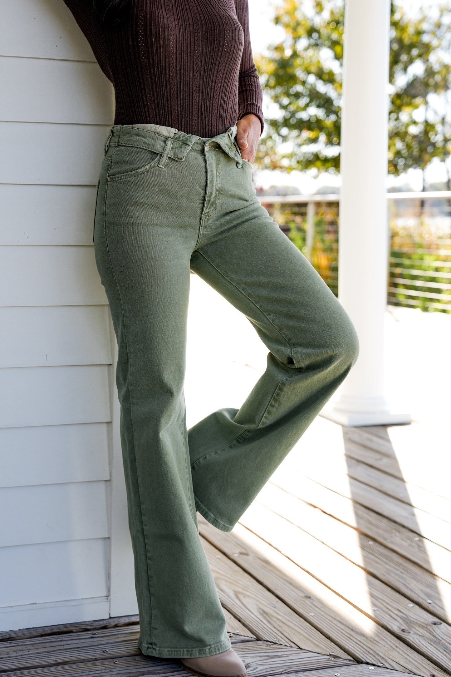 Risen Mid Rise Olive Flap Slim Wide Leg Jeans