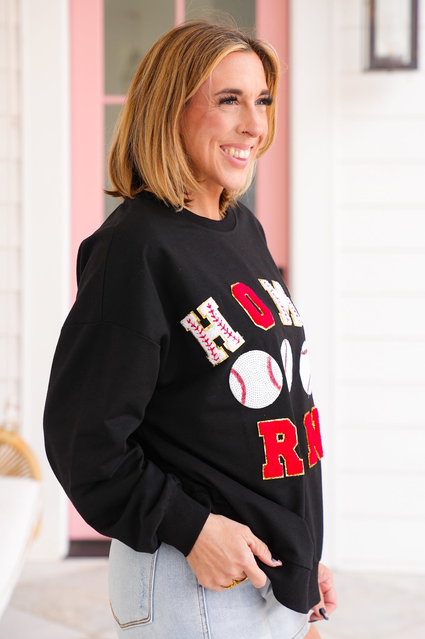 Long Sleeve " Home Run" Baseball Patches Pullover Sweatshirt with Sequin Detail