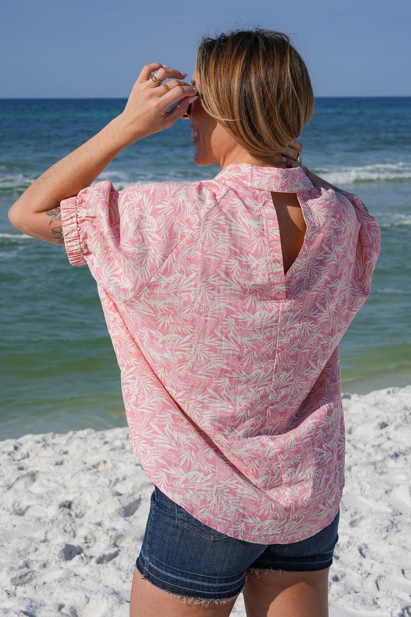 Tropical Print Short Doman Sleeve Button Down Top with Back Cut Out Detail