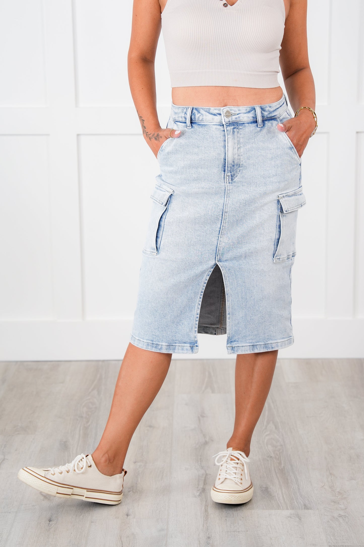Risen High Rise Light Wash Midi Cargo Skirt