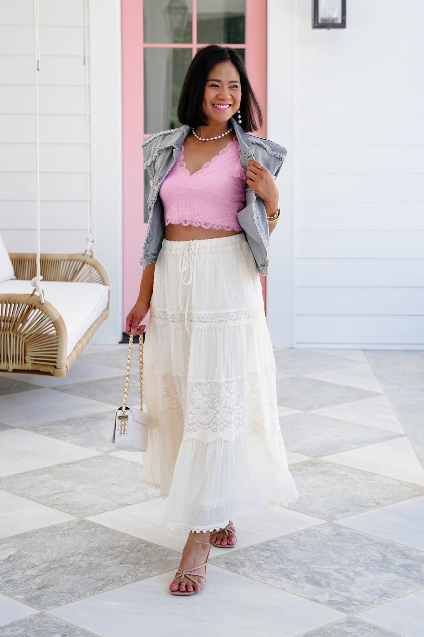 Elastic Waist Midi Skirt with Lace Detail