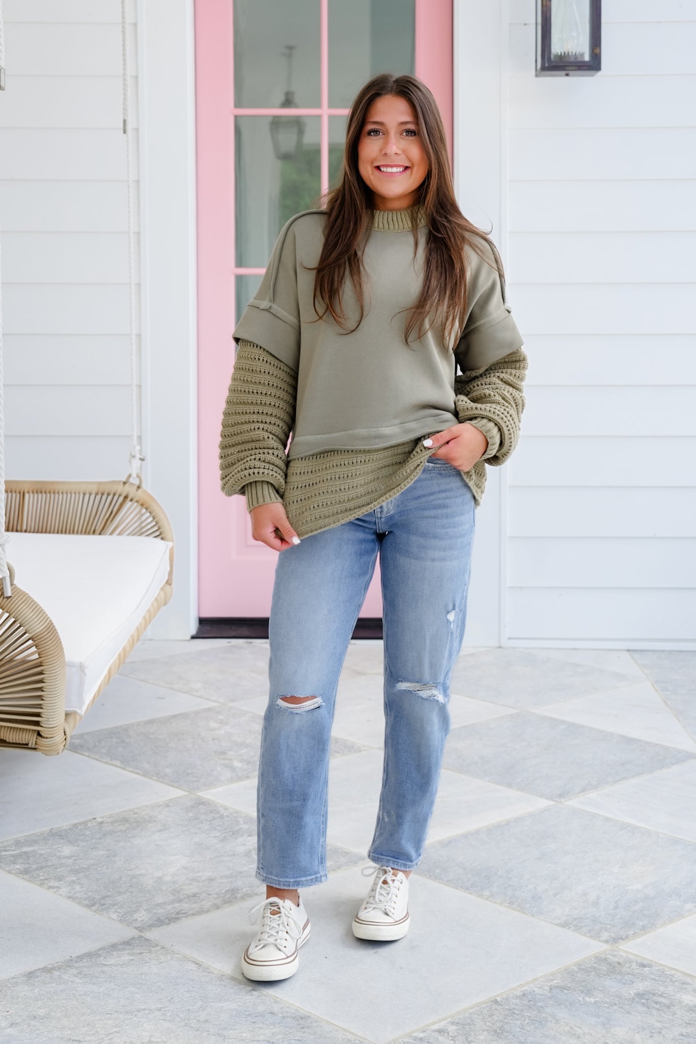Plus/Reg Knit Layered Long Sleeve Round Neck Sweater