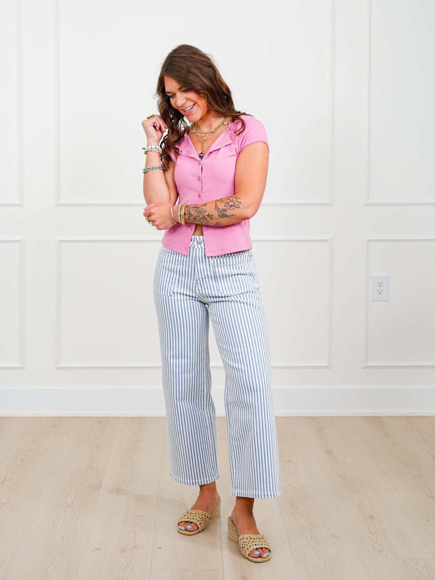 Mica Coastal Charm High Rise Blue and White Striped Cropped Wide Leg Jeans