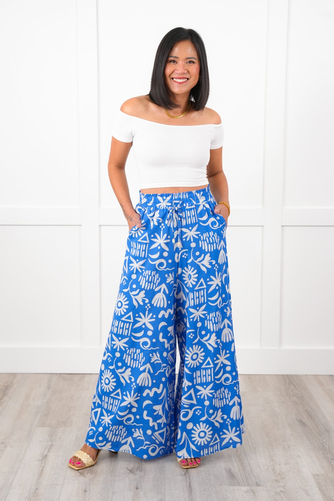 Plus/Reg Tropical Print Elastic Waist Wide Leg Pants