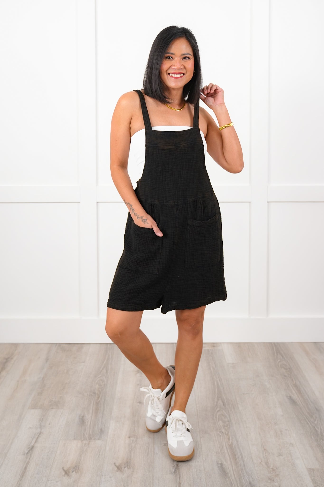 Gauze Sleeveless Romper with Front Patch Pockets