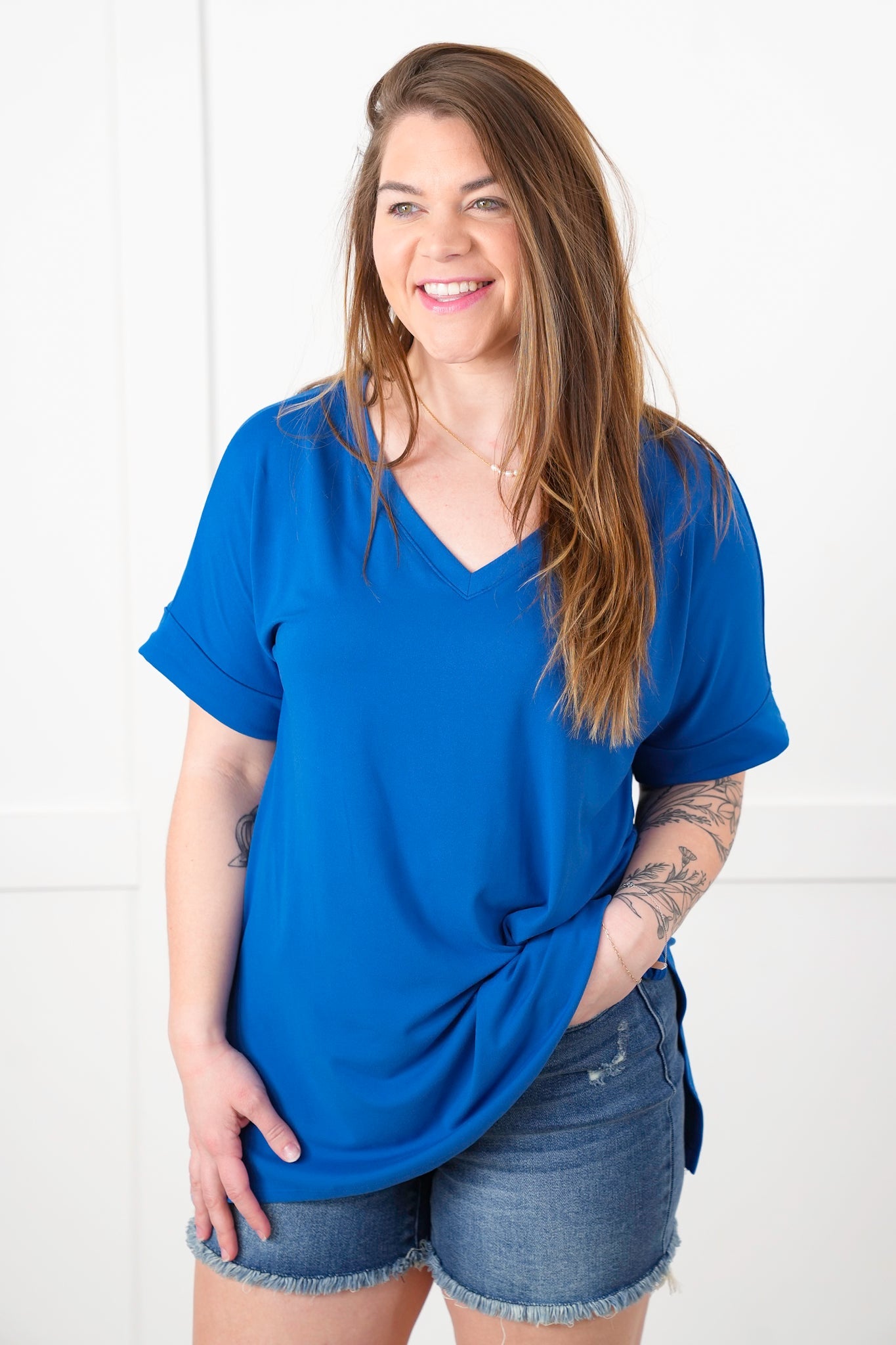Door Buster! Zenana Rolled Short Sleeve V-Neck Top with Side Slit High-Low Hem