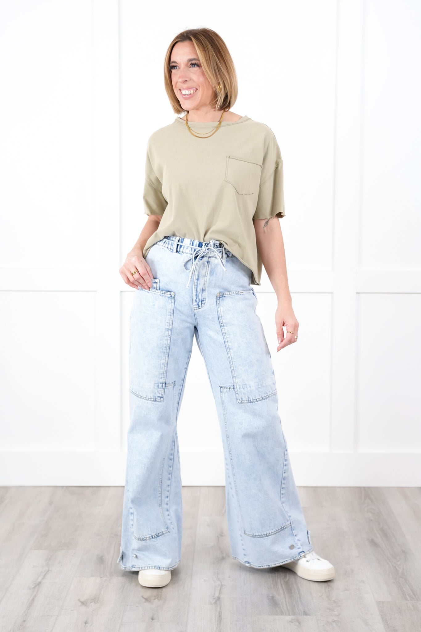 Denim Mineral Wash Elastic Waistband Flare Pants With Pocket Detail