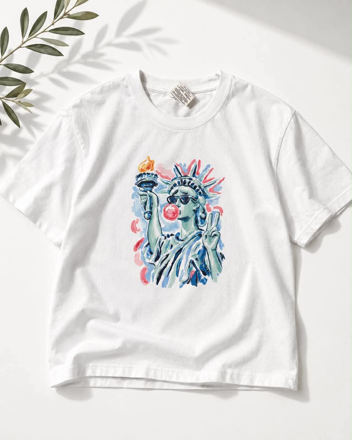 Plus/Reg Short Sleeve "Statue of Liberty Bubble Gum" Graphic Tee - Freckled Poppy