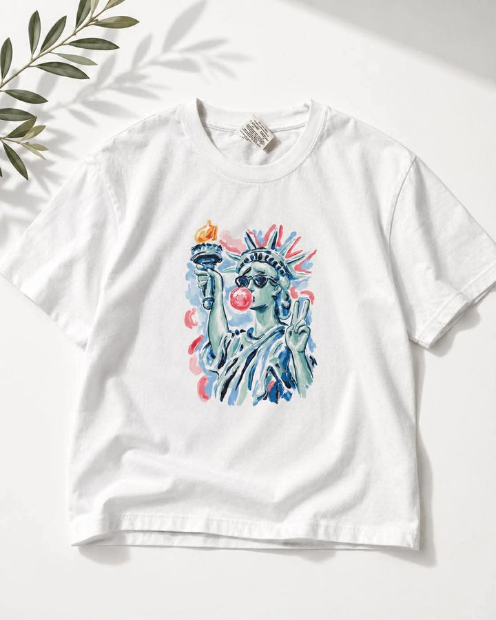 Plus/Reg Short Sleeve "Statue of Liberty Bubble Gum" Graphic Tee - Freckled Poppy