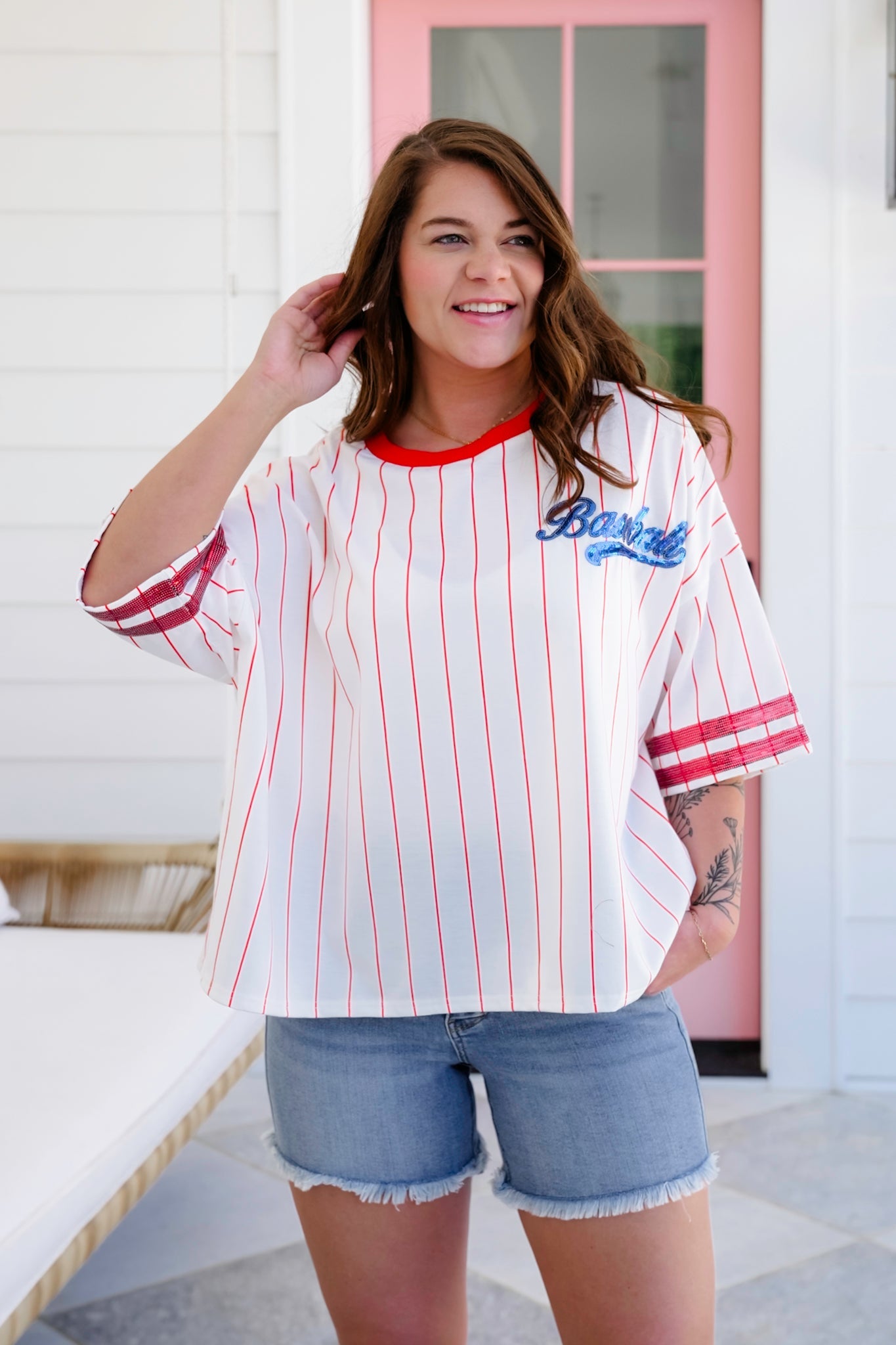 Stripe Short Sleeve Baseball Top with Sequin Detail