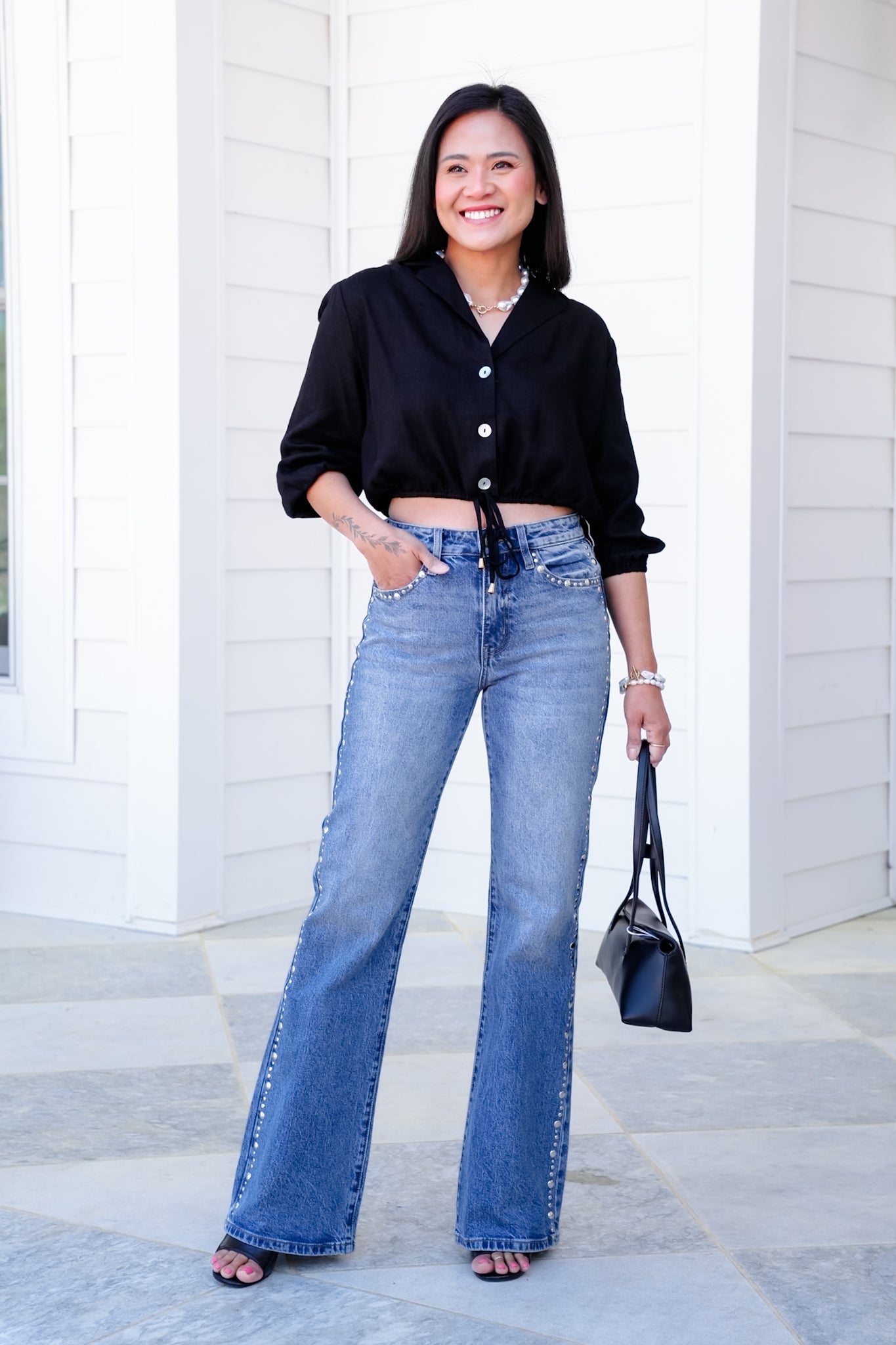 Black Linen Blend 3/4 Sleeve Button Down Crop Top with Drawstring Detail