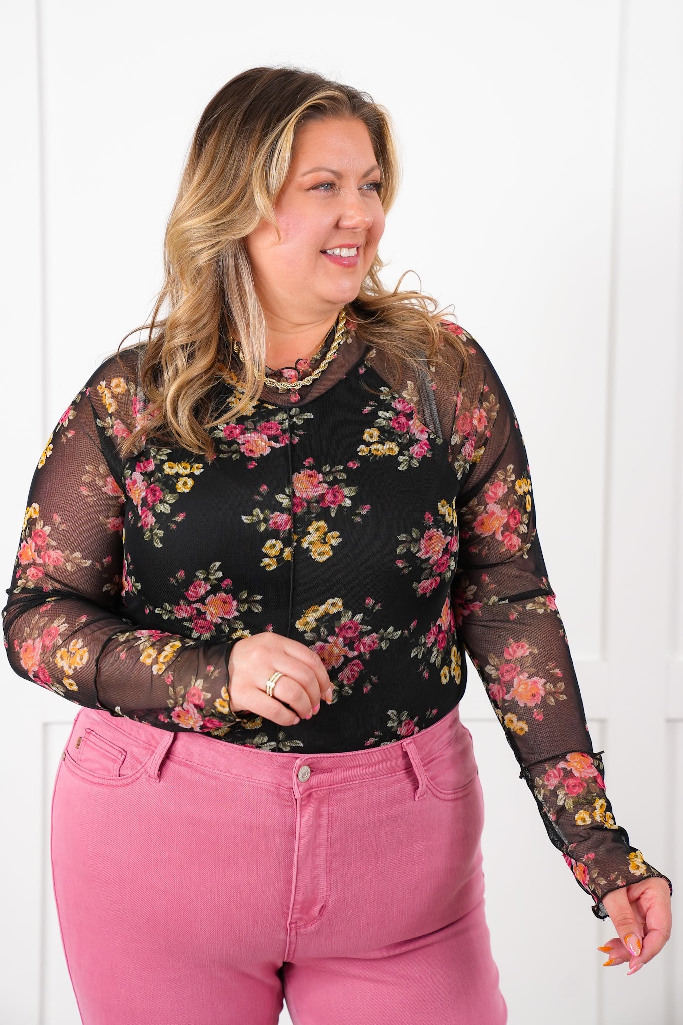 Plus/Reg Floral Long Sleeve Mock Neck Mesh Top