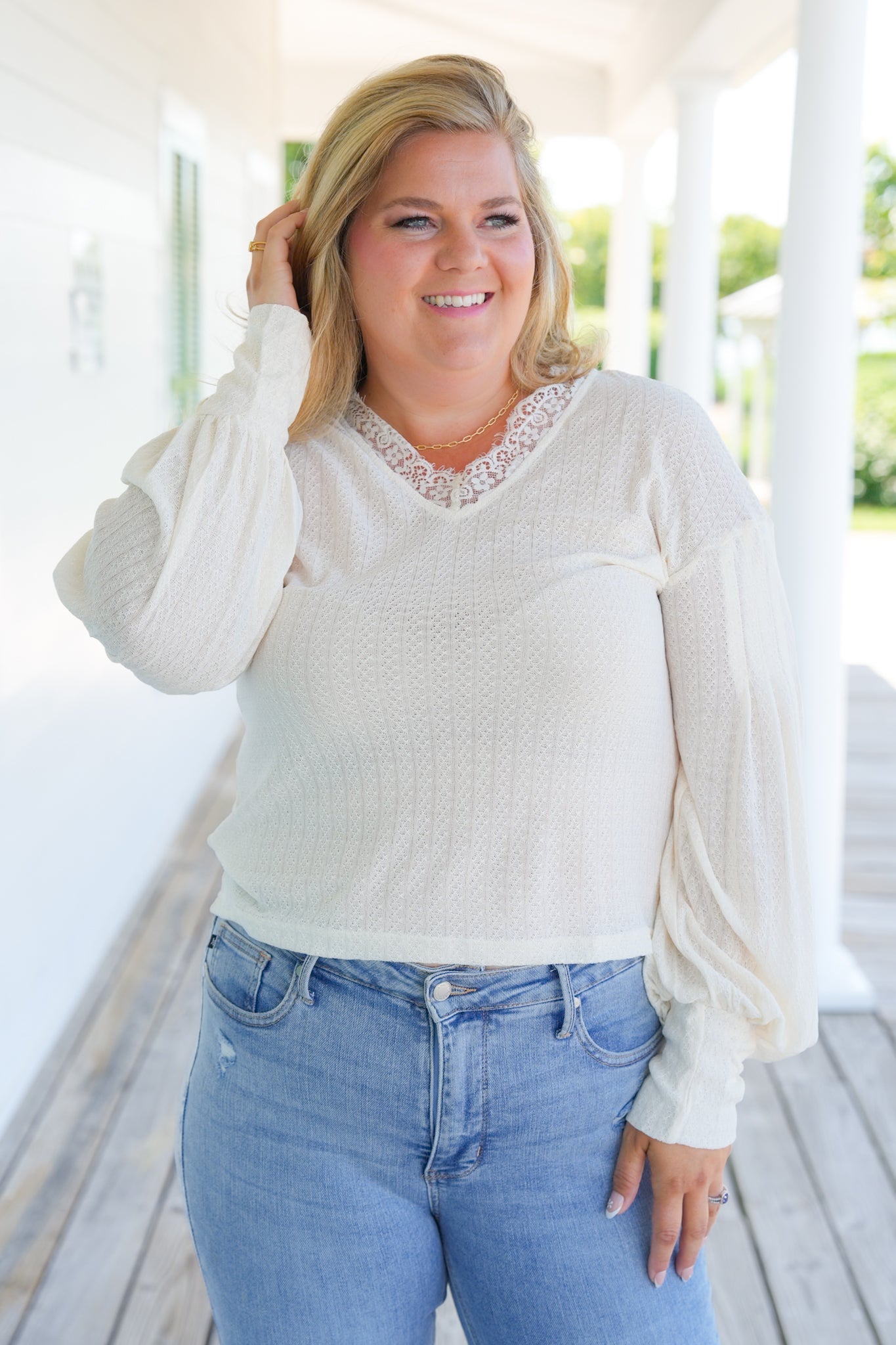 Knit Long Sleeve V Neck Top with Lace Detail (Multiple Colors)